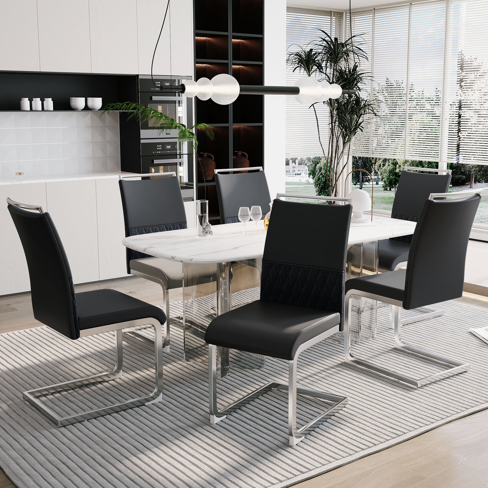 Modern Dining Chairs Set of 6 High Back Upholstered Side Chair Black PU Faux Leather & Linen