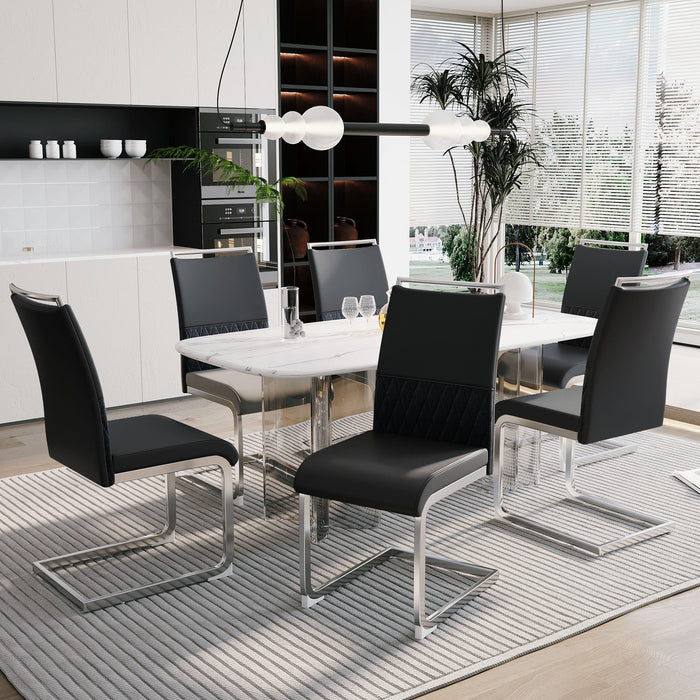Modern Dining Chairs Set of 6 High Back Upholstered Side Chair Black PU Faux Leather & Linen
