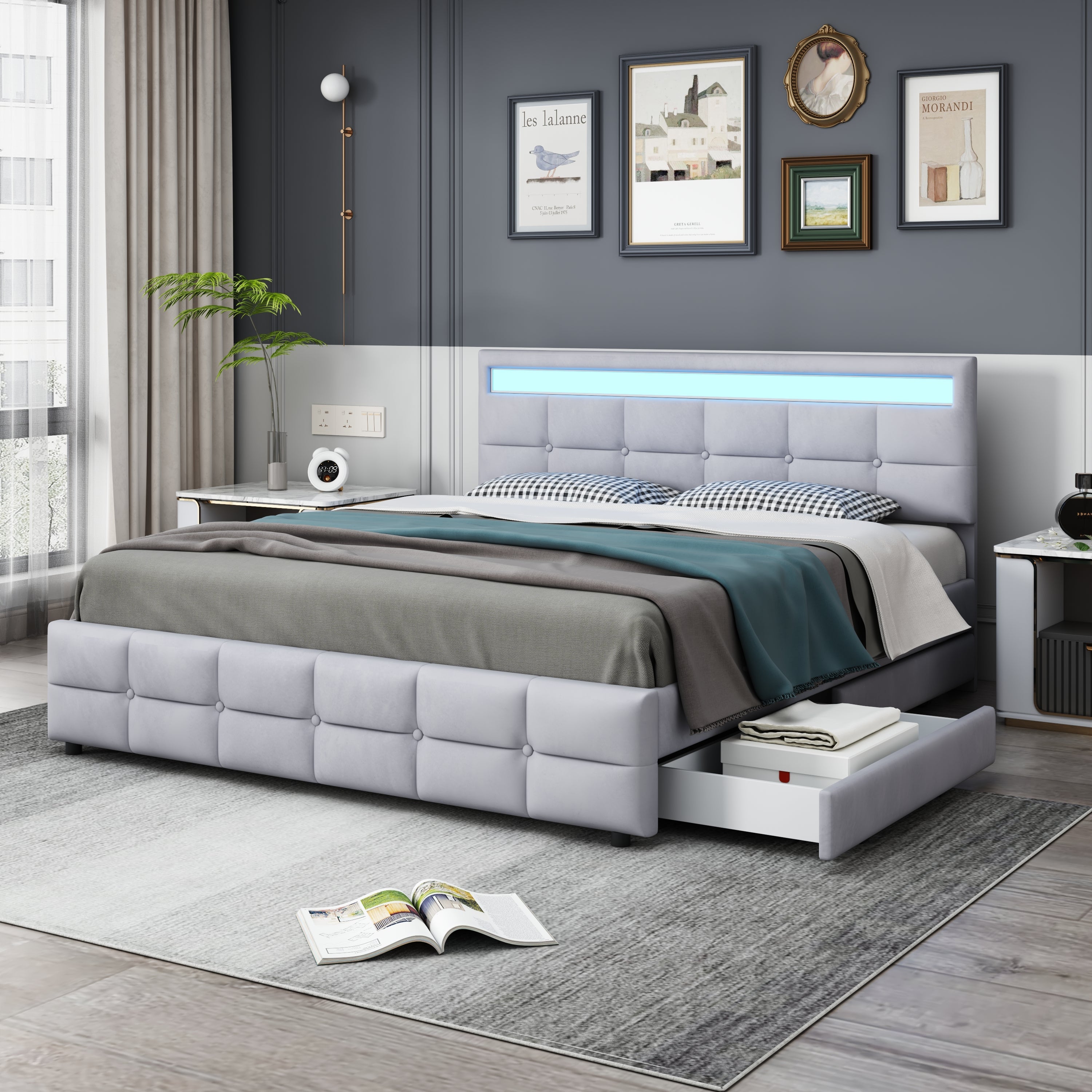 Upholstered Bed 180x200cm LED Frame 4 Drawers, Velvet Grey