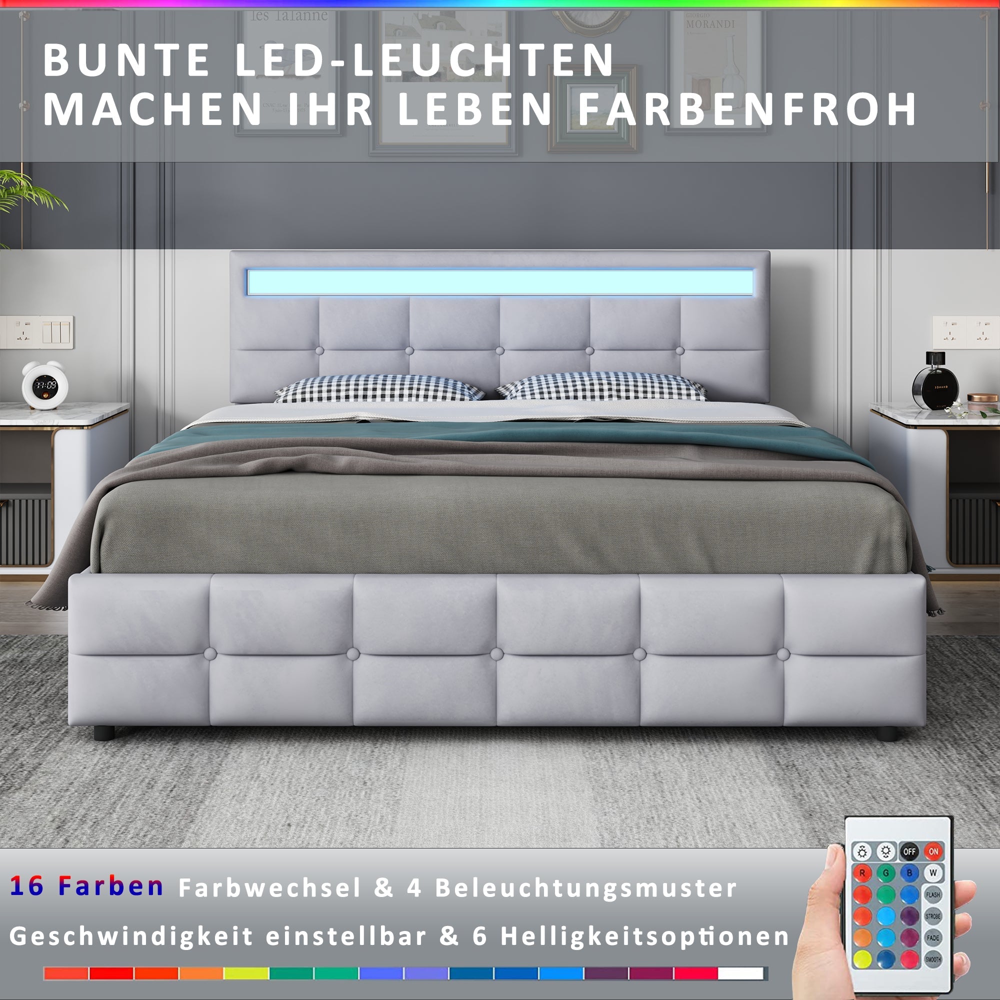 Upholstered Bed 180x200cm LED Frame 4 Drawers, Velvet Grey