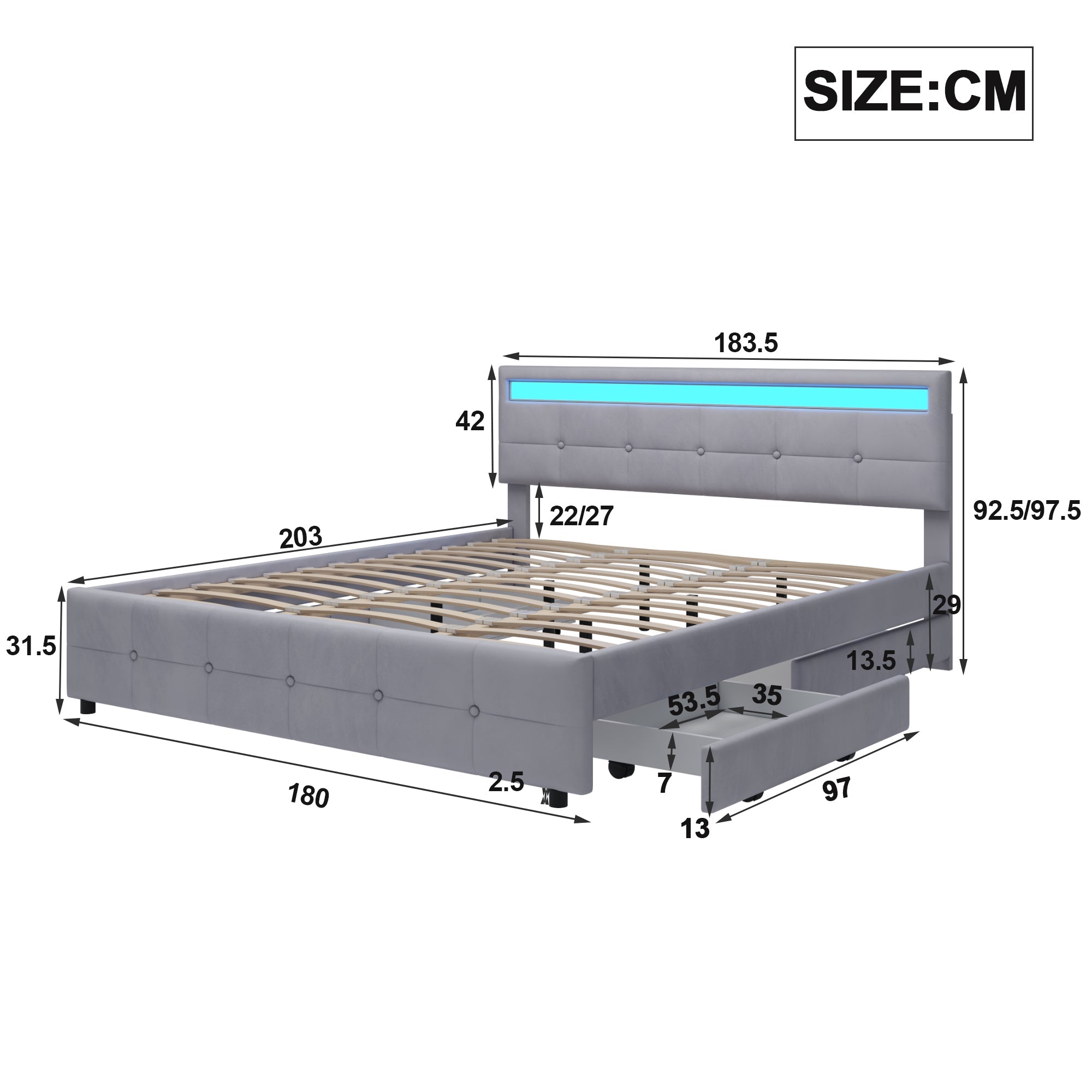 Upholstered Bed 180x200cm LED Frame 4 Drawers, Velvet Grey