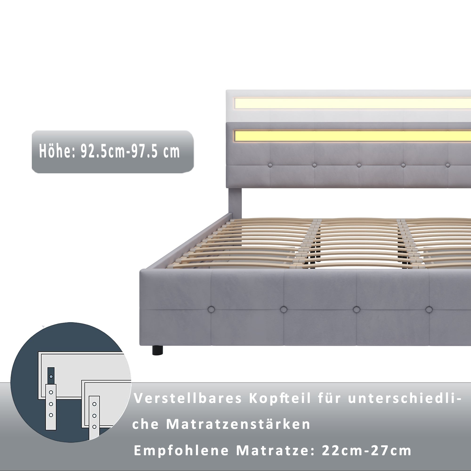 Upholstered Bed 180x200cm LED Frame 4 Drawers, Velvet Grey