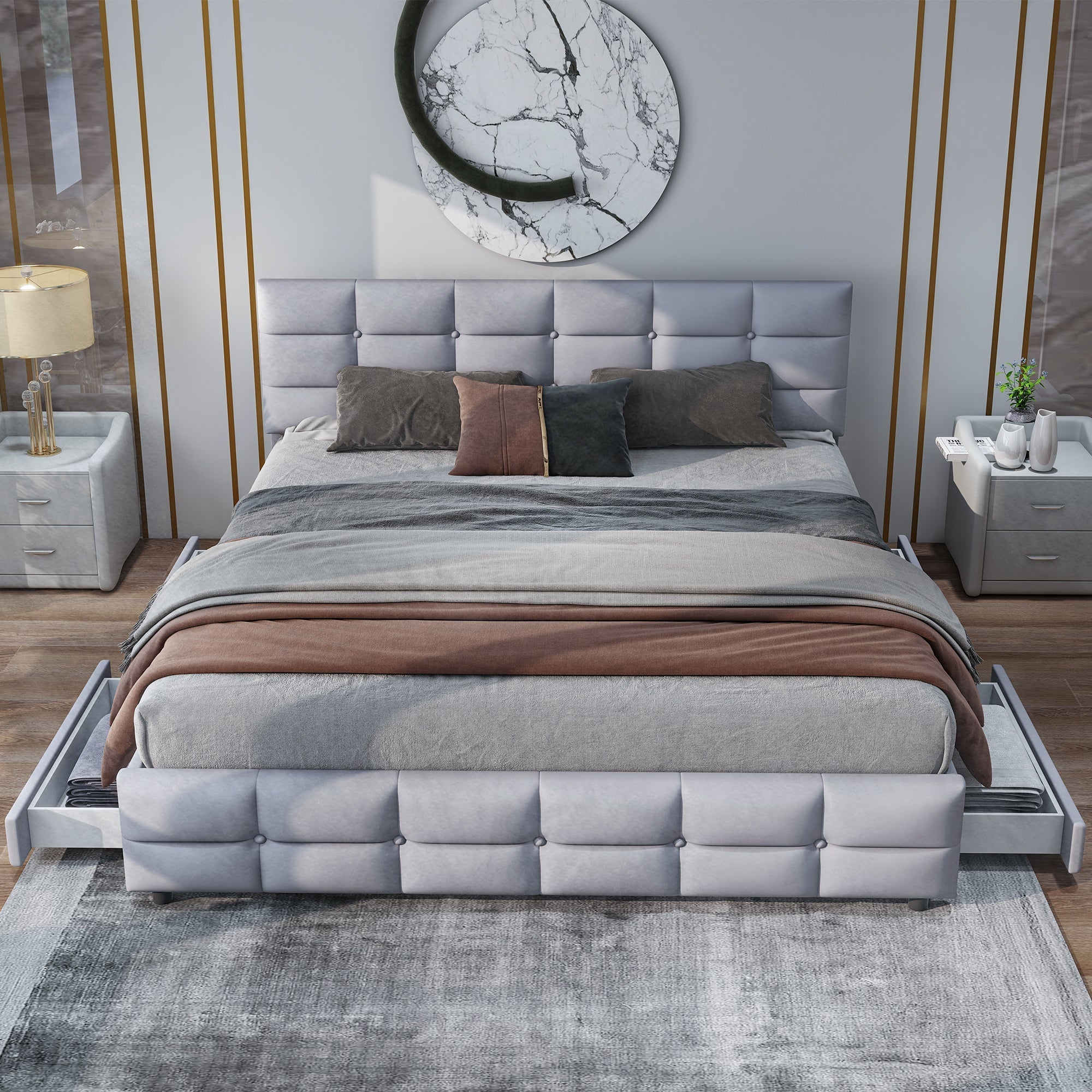 Upholstered Bed, 180x200cm Double with 4 Drawers & Slatted Frame, Grey Velvet