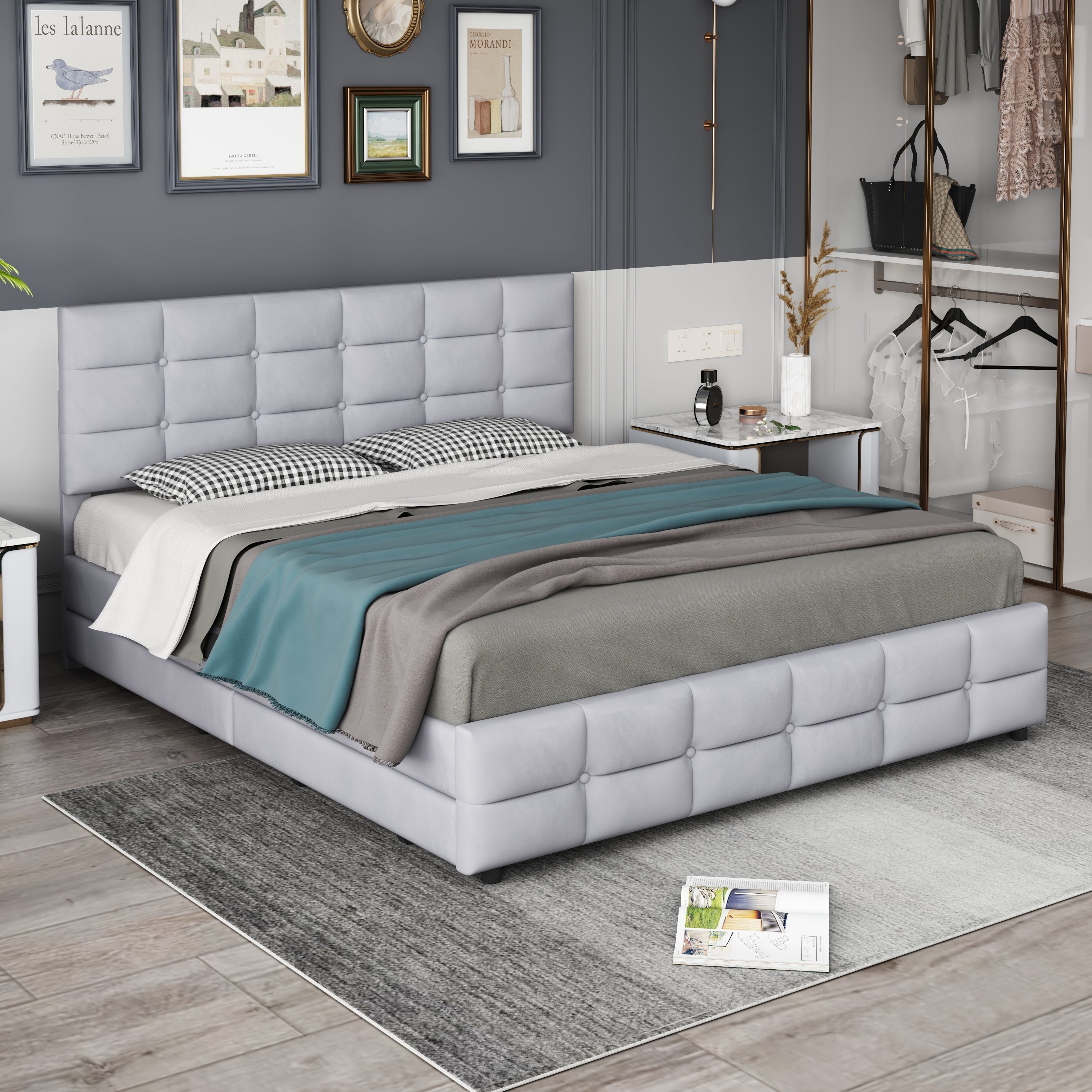 Upholstered Bed, 180x200cm Double with 4 Drawers & Slatted Frame, Grey Velvet