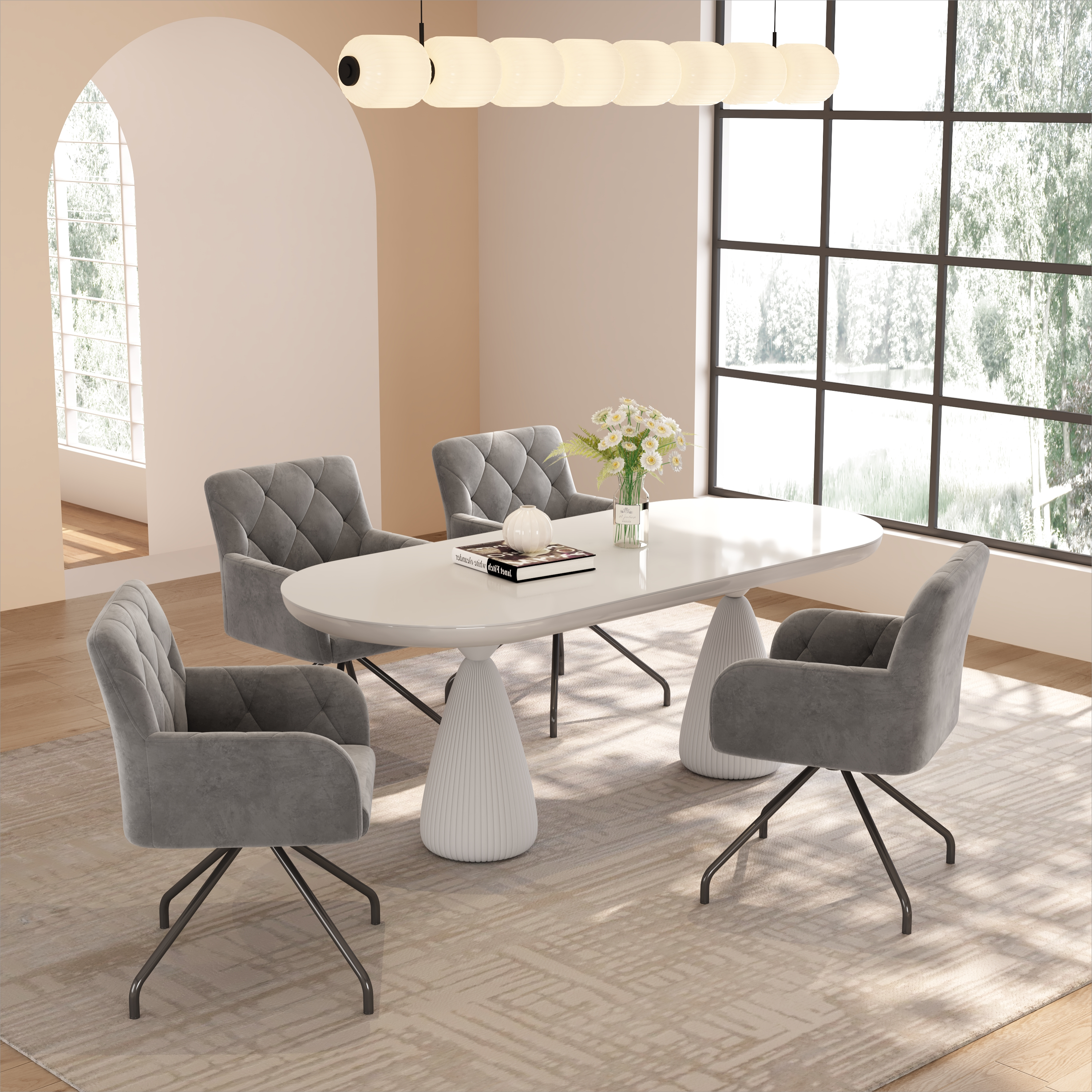 Dining Chairs Set of 4 with Diamond Pattern and Lumbar Support, Light Grey Velvet