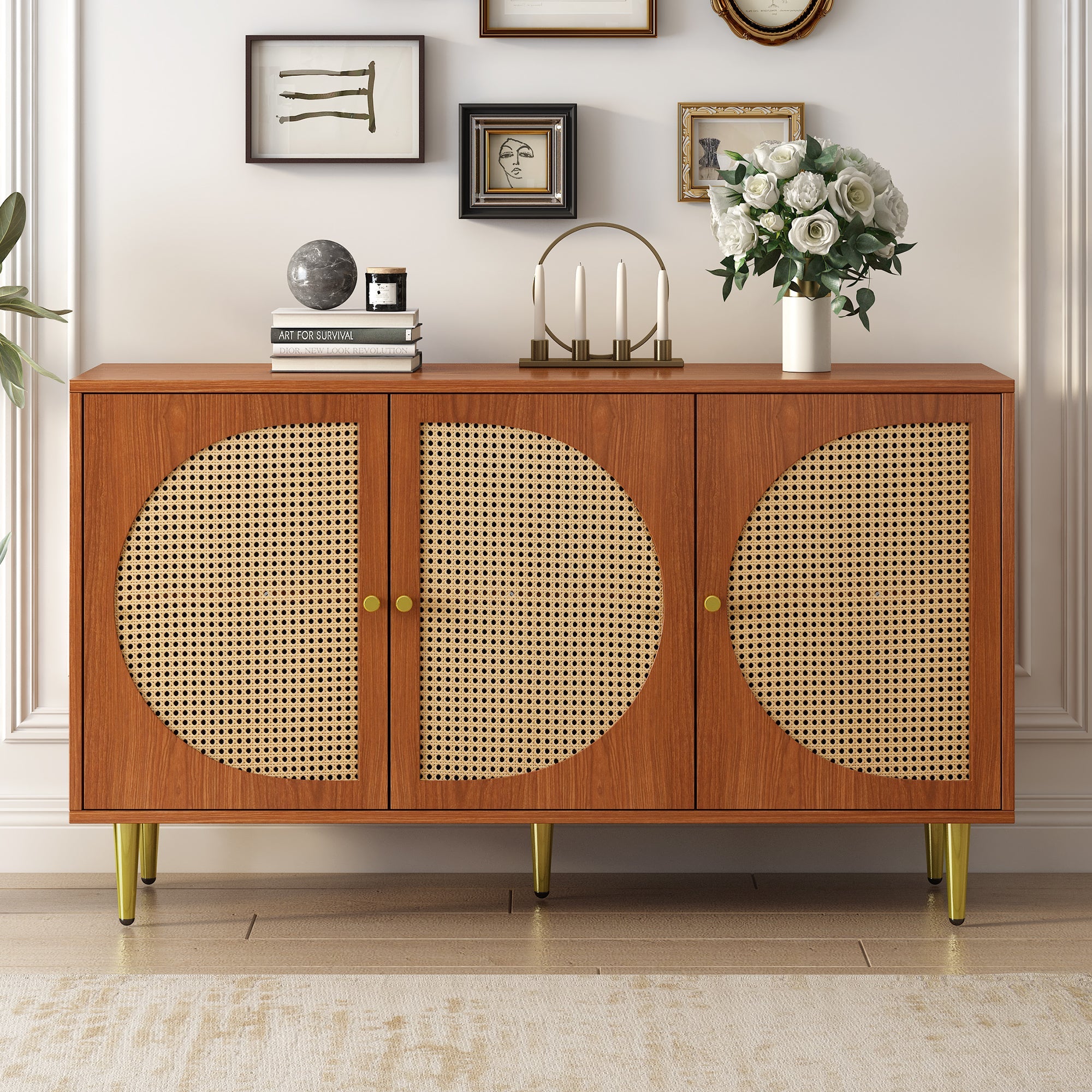 Sideboard, 3 Rattan Doors, Metal Handles, Walnut