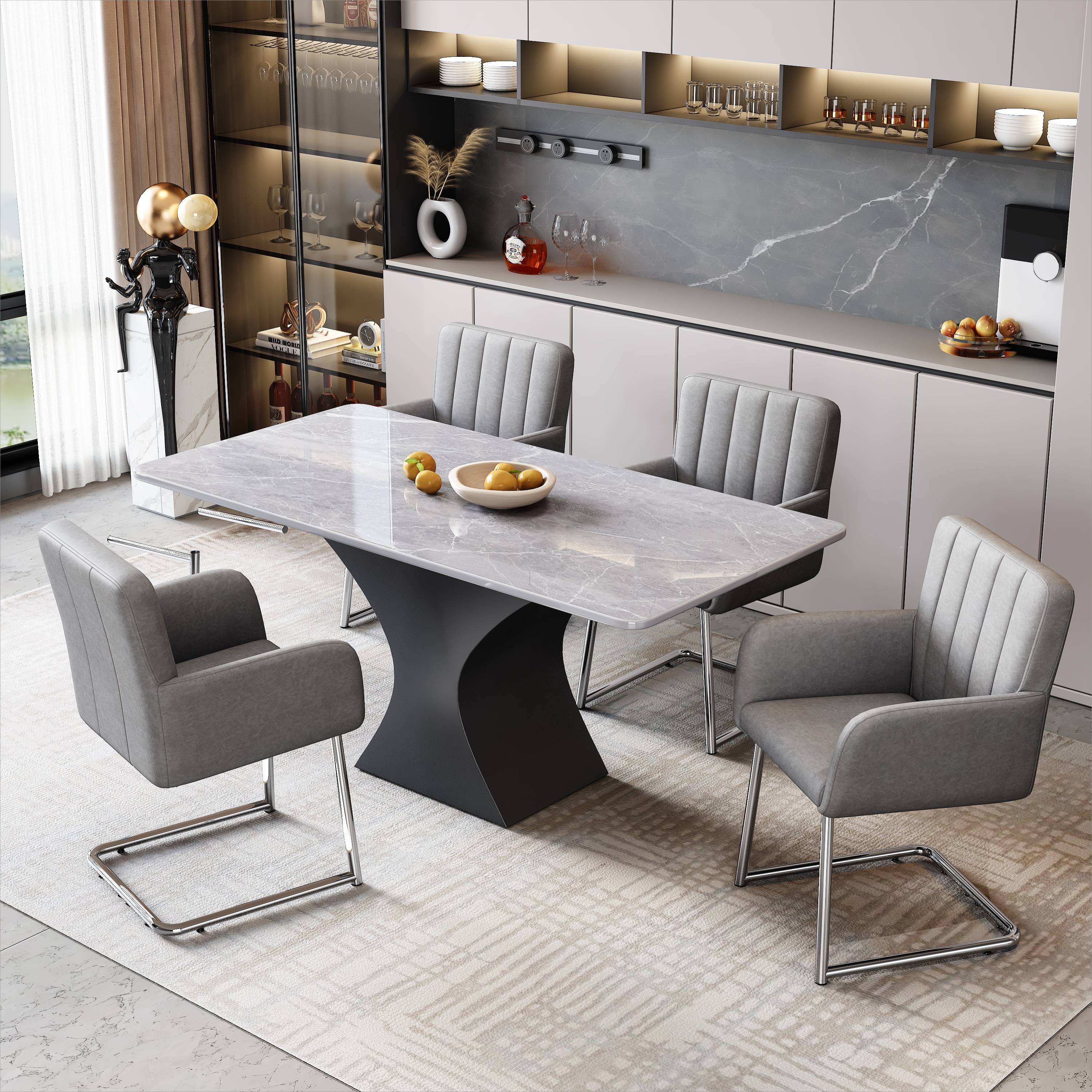 Set of 4 Dining Chairs with Vertical Stripes and Zigzag Metal Legs, Grey Faux Leather