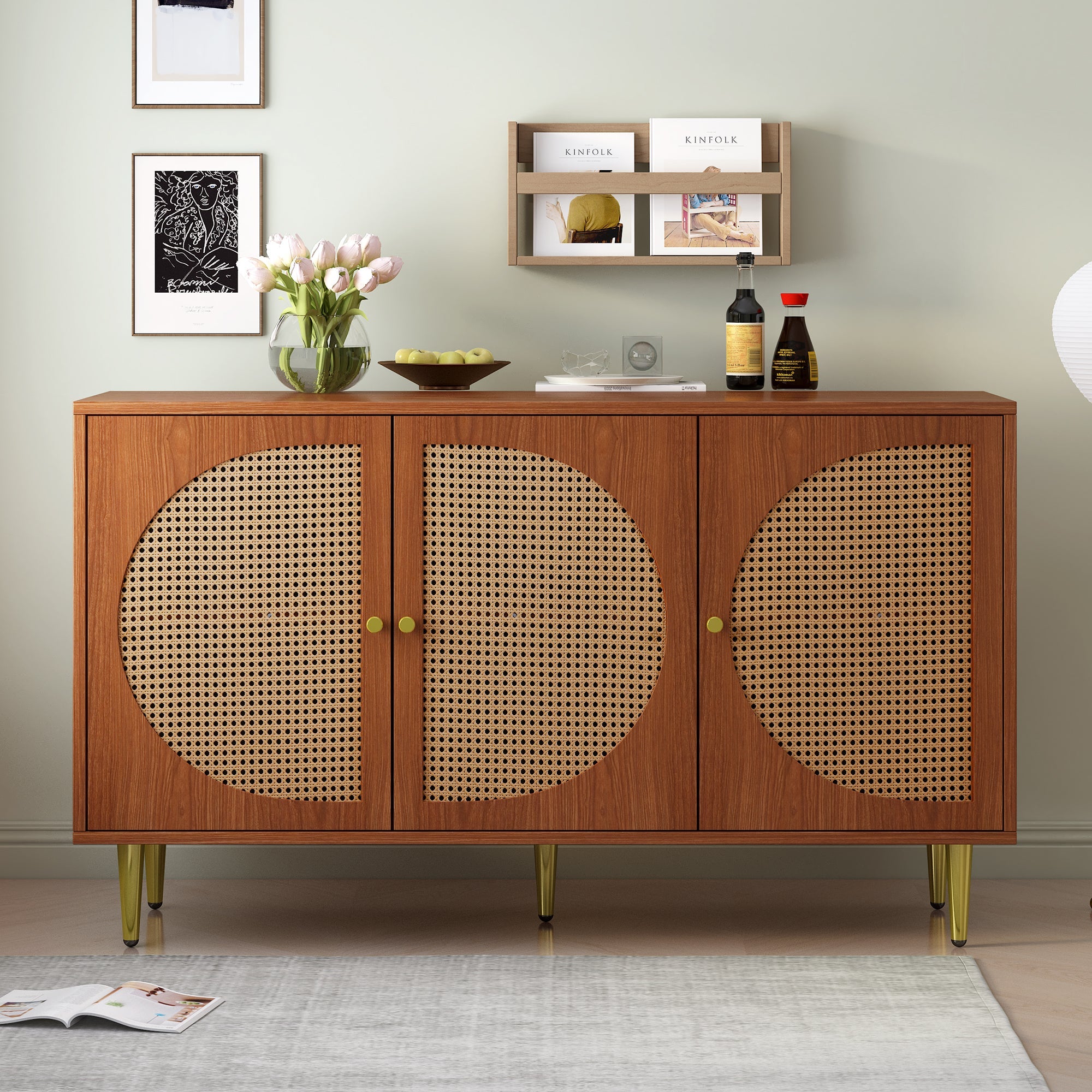 Sideboard, 3 Rattan Doors, Metal Handles, Walnut