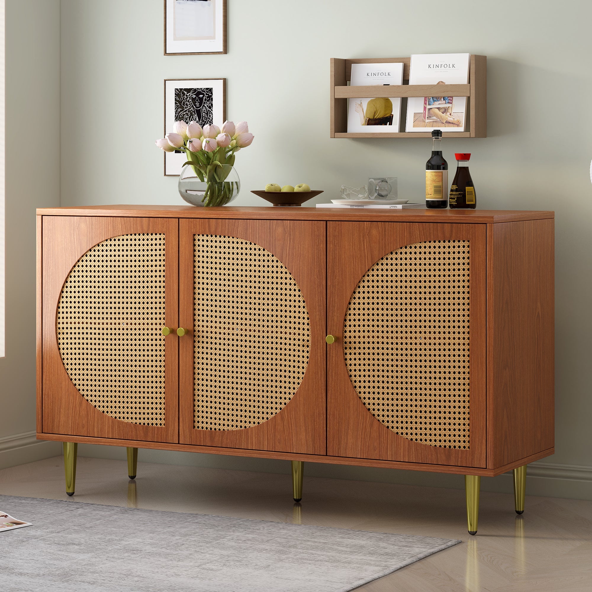 Sideboard, 3 Rattan Doors, Metal Handles, Walnut