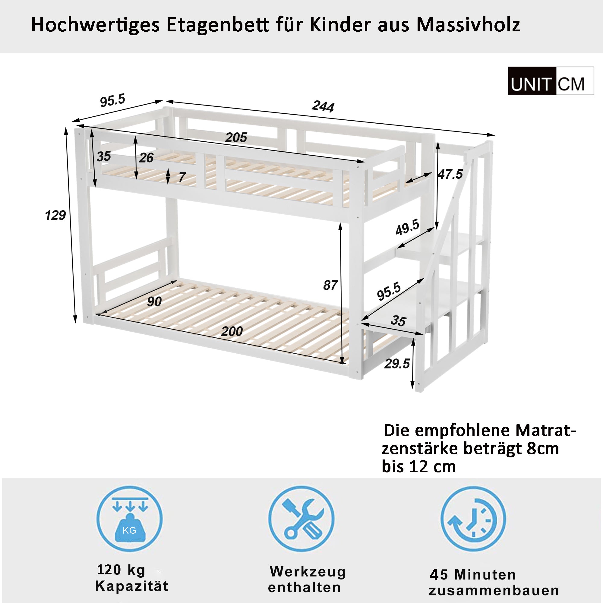 Children's Bed Bunk Low with Safety Stairs Slatted Base, Solid Wood White