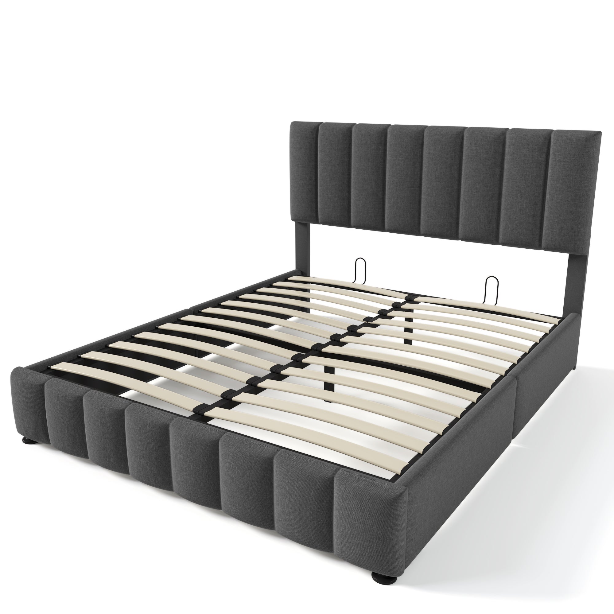 Hydraulic Double Upholstered Bed, Adjustable Headboard with Storage and Mattress, Grey Linen