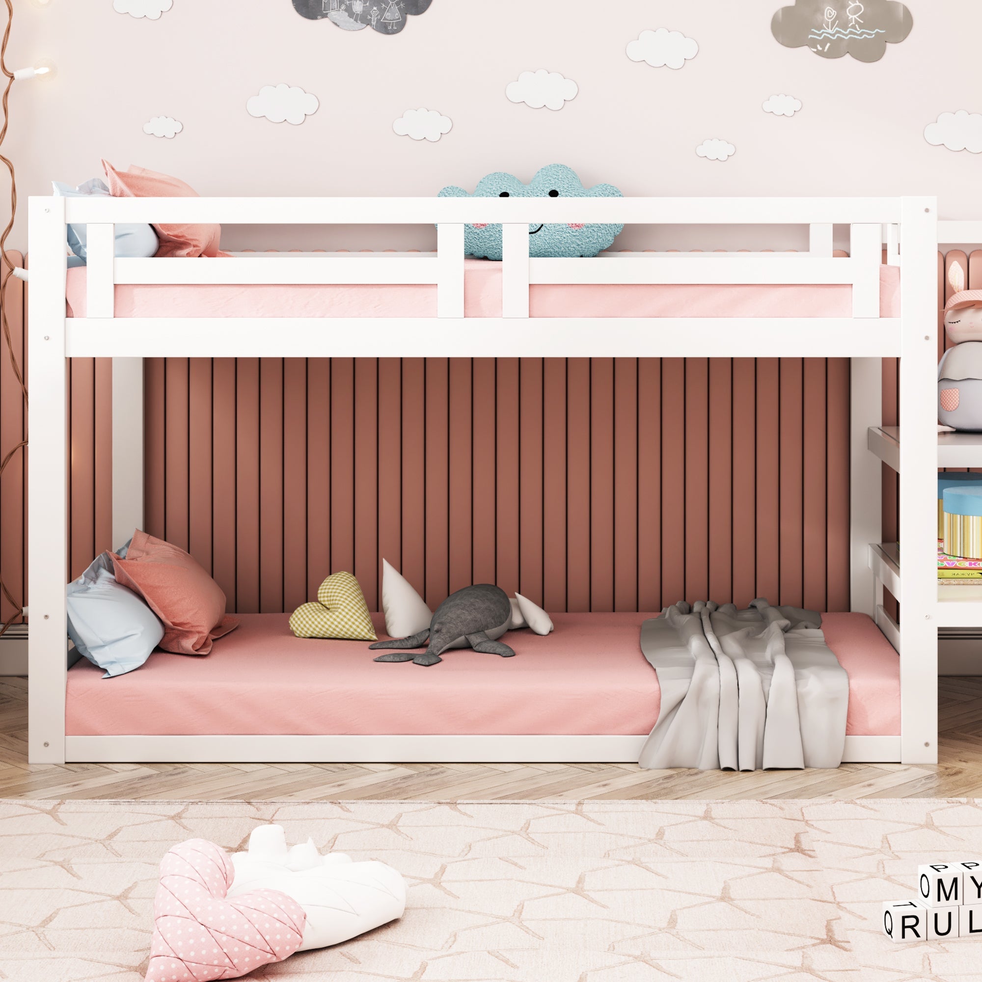 Children's Bed Bunk Low with Safety Stairs Slatted Base, Solid Wood White