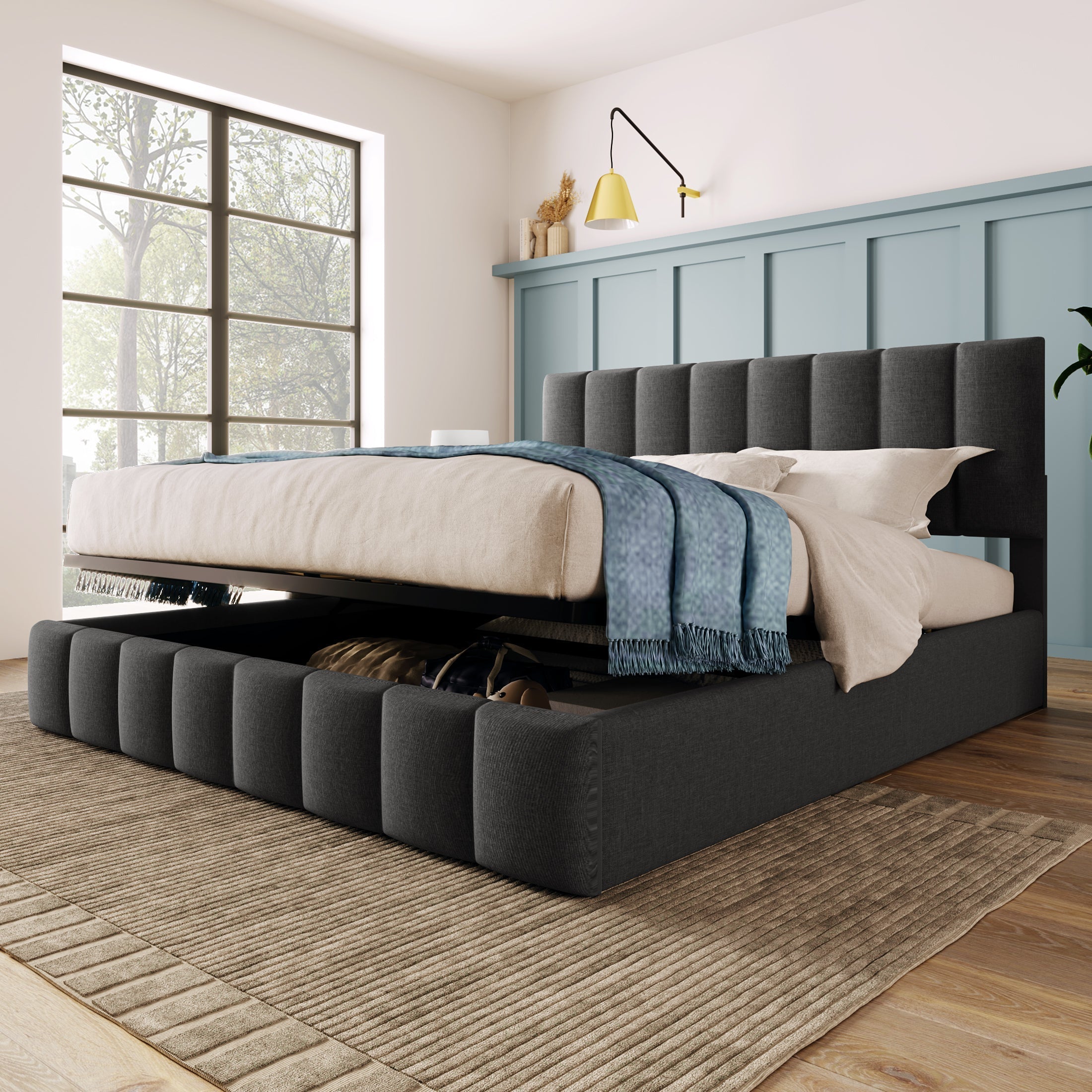 Hydraulic Double Upholstered Bed, Adjustable Headboard with Storage and Mattress, Grey Linen