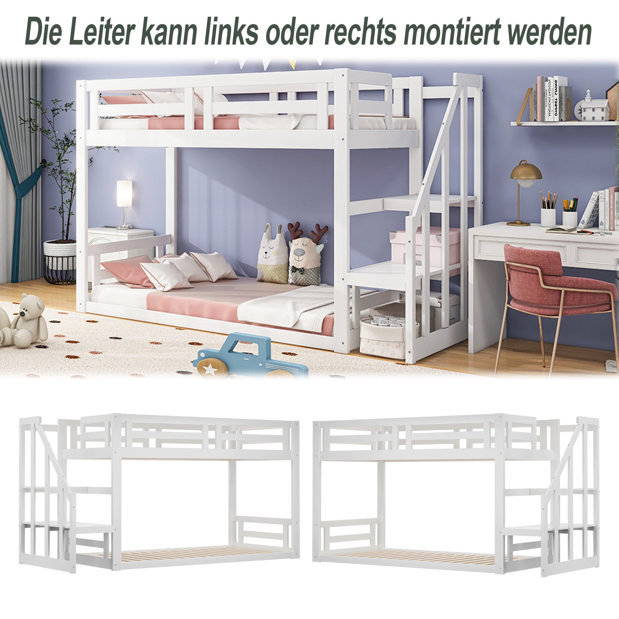 Children's Bed Bunk Low with Safety Stairs Slatted Base, Solid Wood White