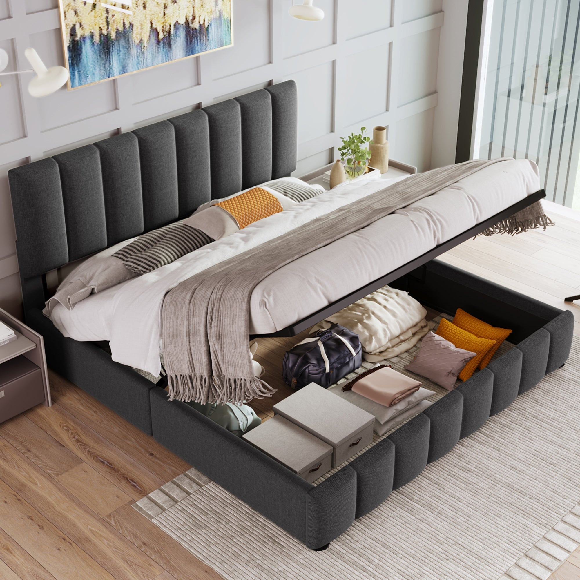 Hydraulic Double Upholstered Bed, Adjustable Headboard with Storage and Mattress, Grey Linen