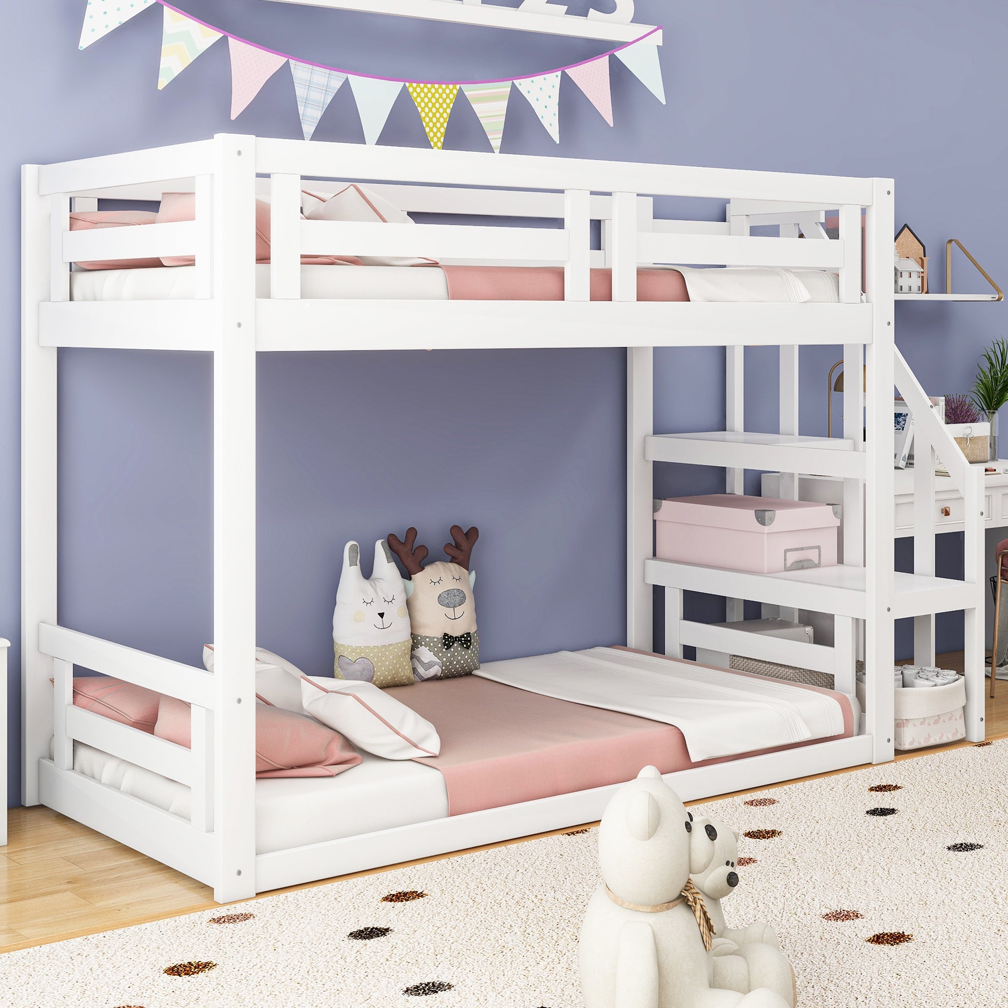 Children's Bed Bunk Low with Safety Stairs Slatted Base, Solid Wood White