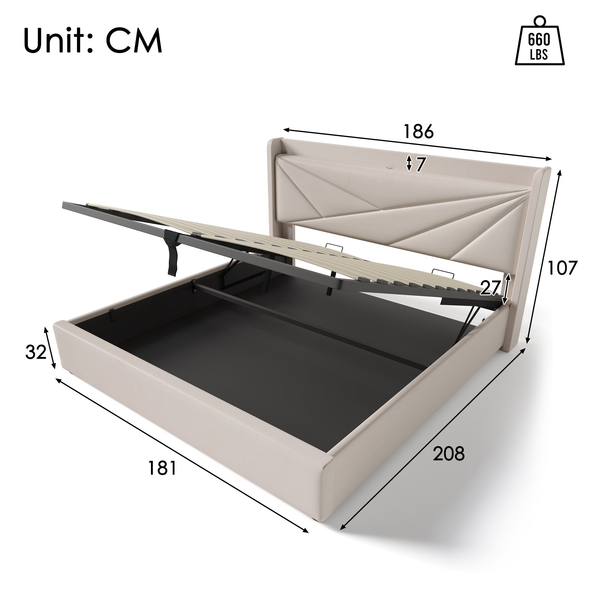 Upholstered Double Bed with Storage and USB Charging, 180x200cm, Grey Linen