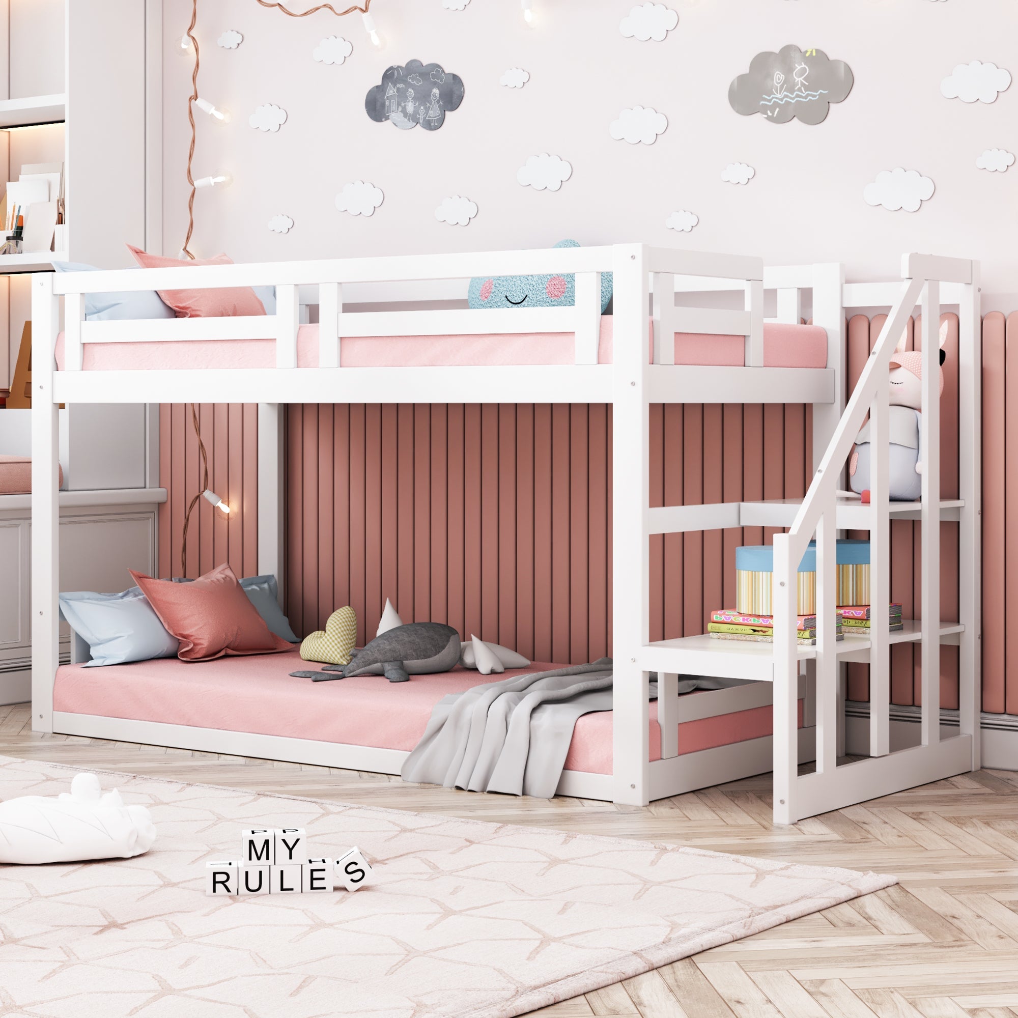 Children's Bed Bunk Low with Safety Stairs Slatted Base, Solid Wood White