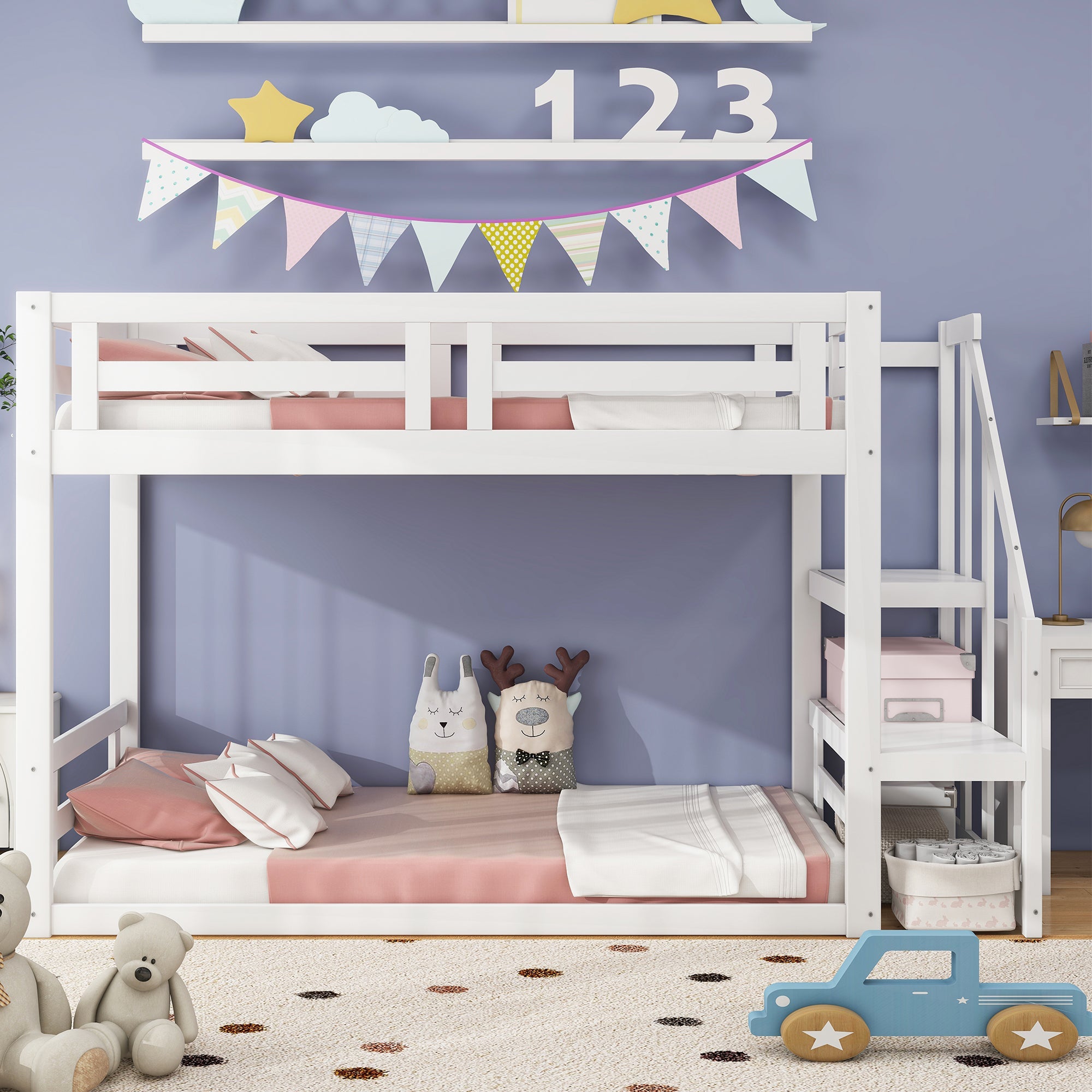 Children's Bed Bunk Low with Safety Stairs Slatted Base, Solid Wood White