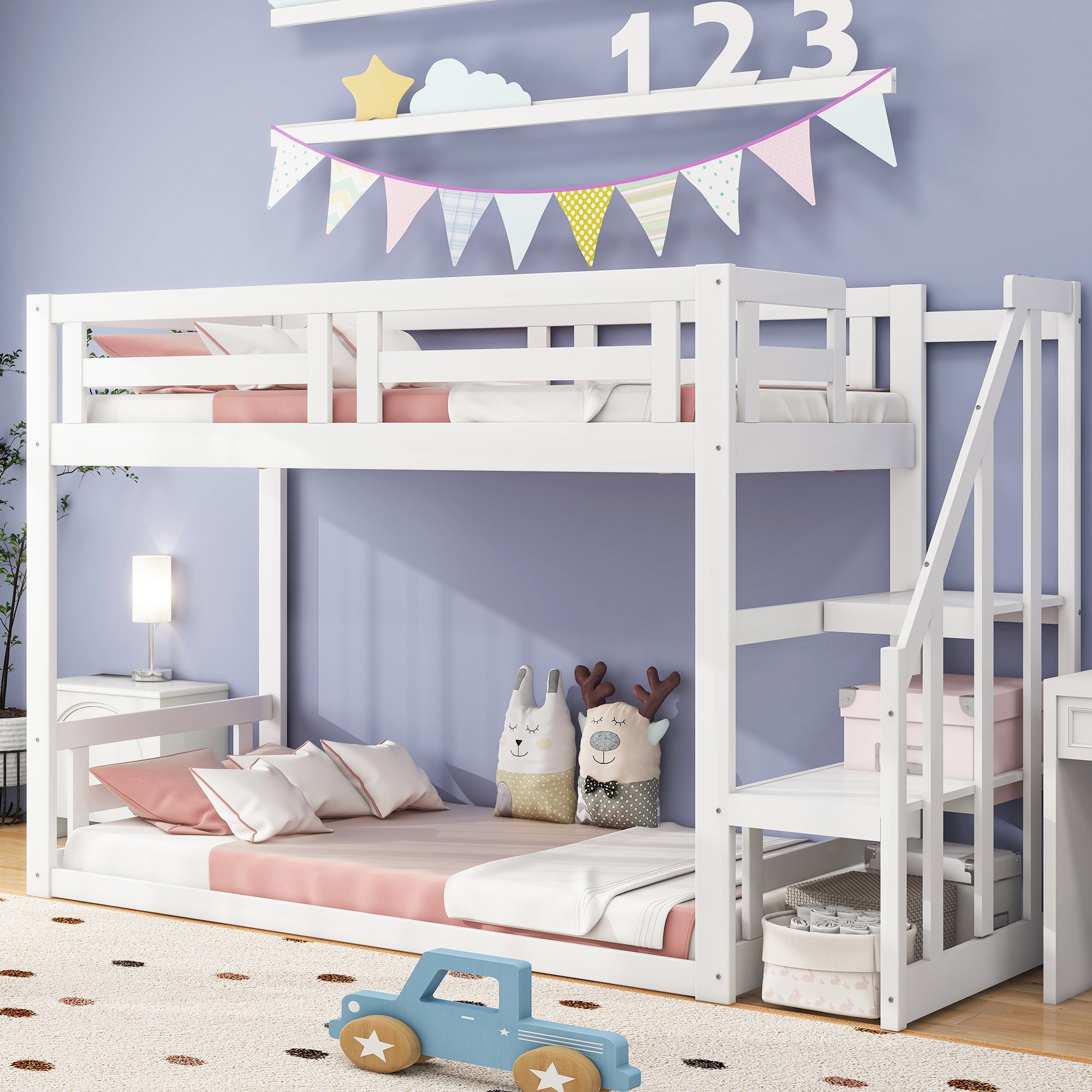 Children's Bed Bunk Low with Safety Stairs Slatted Base, Solid Wood White