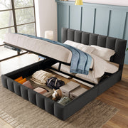 Upholstered Double Bed 140x200cm Hydraulic Storage Adjustable Headboard - Grey Linen