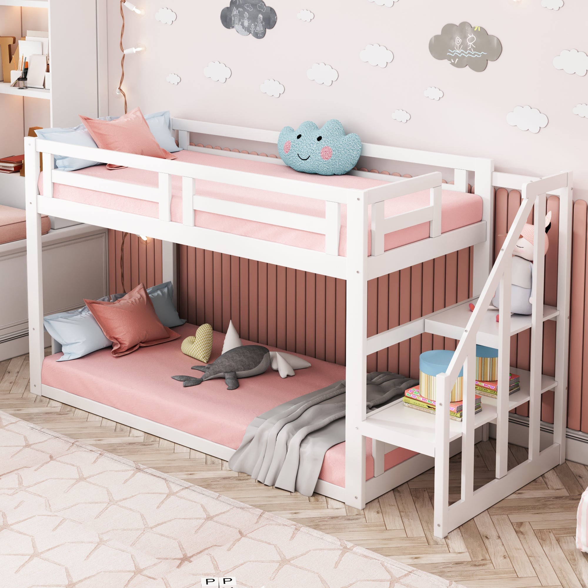 Children's Bed Bunk Low with Safety Stairs Slatted Base, Solid Wood White
