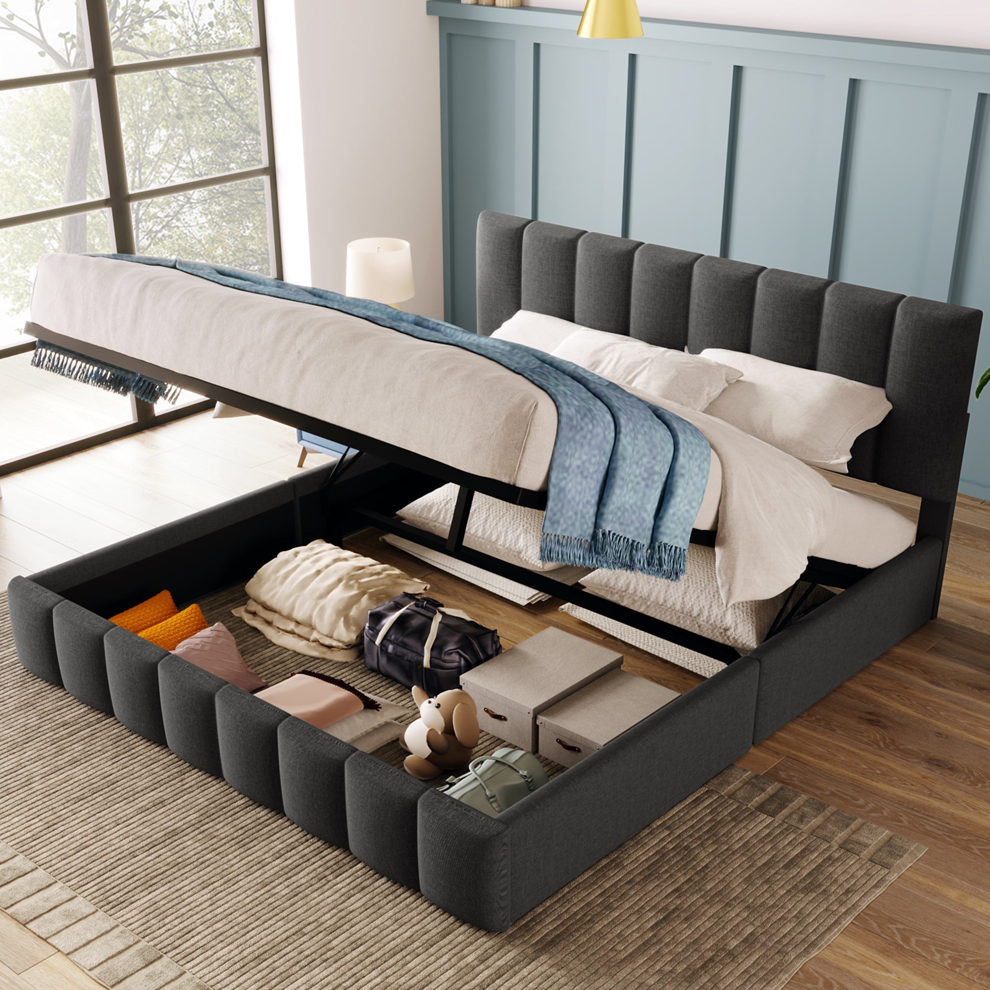 Hydraulic Double Upholstered Bed, Adjustable Headboard with Storage and Mattress, Grey Linen