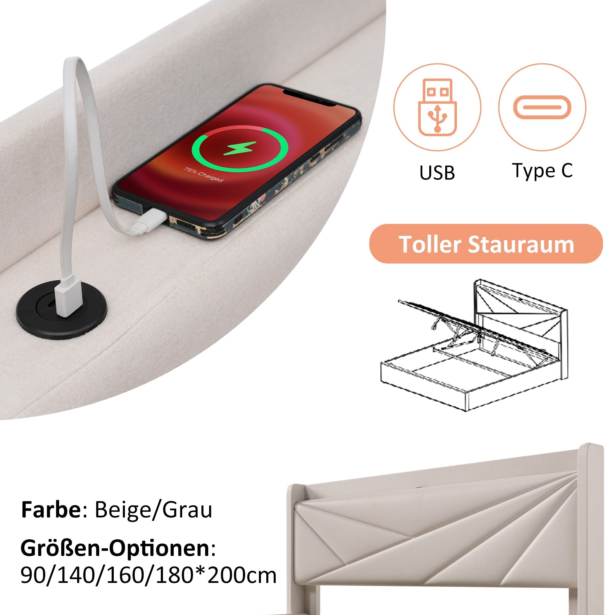 Upholstered Bed, Single with USB Type C Headboard & Storage, Linen Material