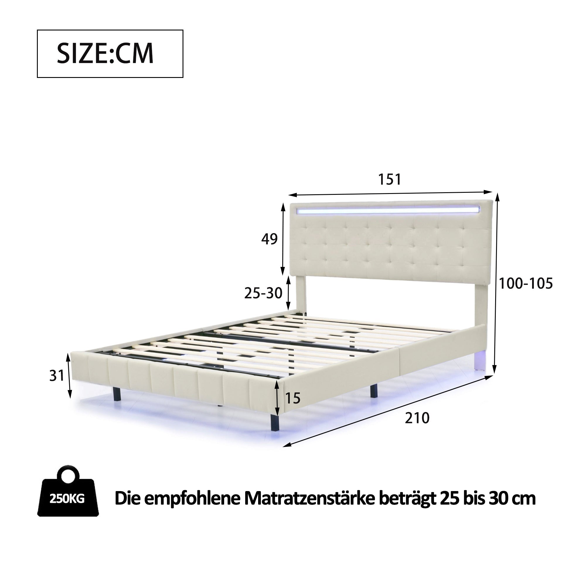 Upholstered Bed, 140x200cm Floating Frame with LED Lights & Headboard, Beige Linen
