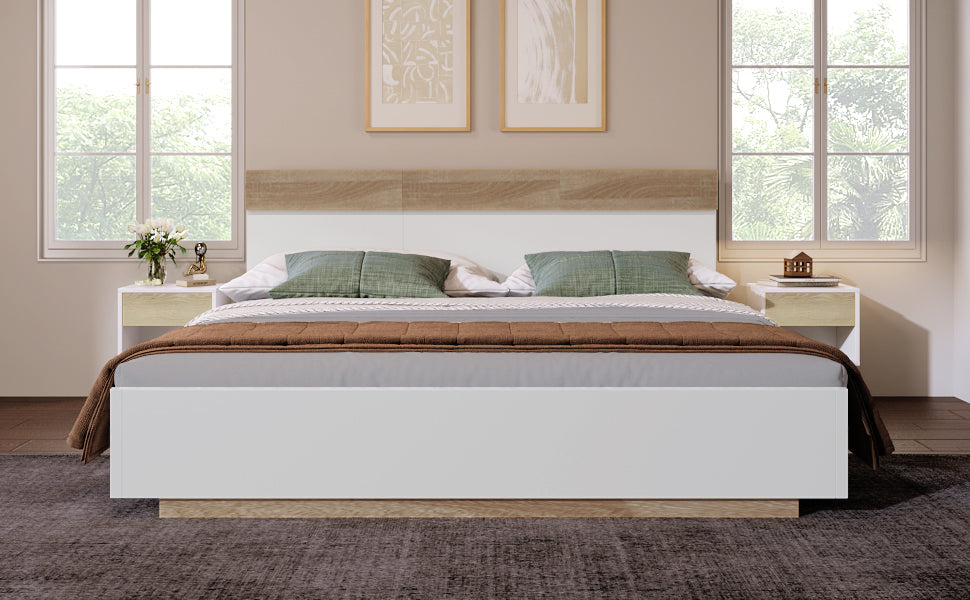 Double Wooden Bed Floating Bed Frame Slatted Base, Sonoma Oak/White