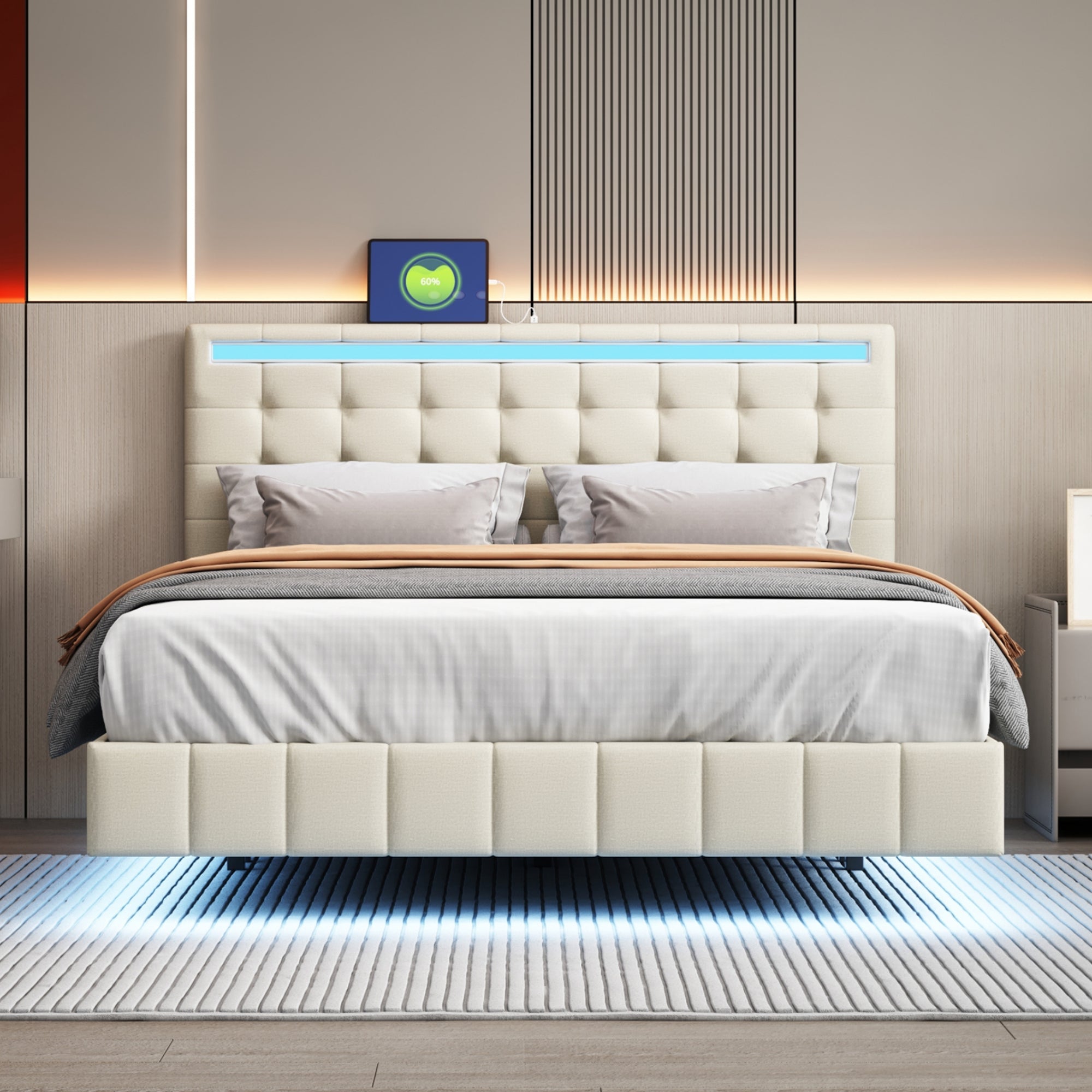 Upholstered Bed, 140x200cm Floating Frame with LED Lights & Headboard, Beige Linen