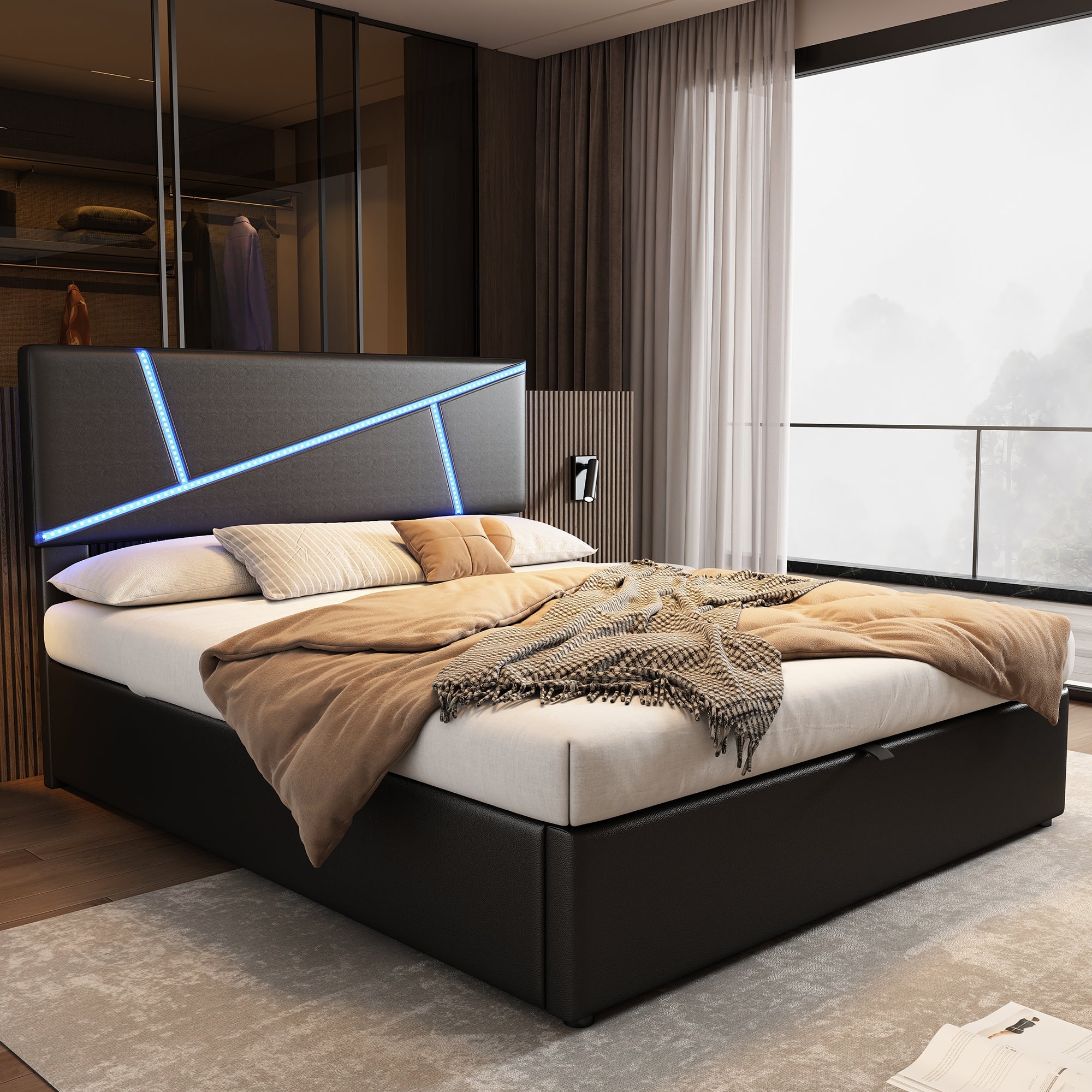Upholstered Bed with LED Lights, Hydraulic Storage and Slatted Frame, 90x200cm, Black Synthetic Leather