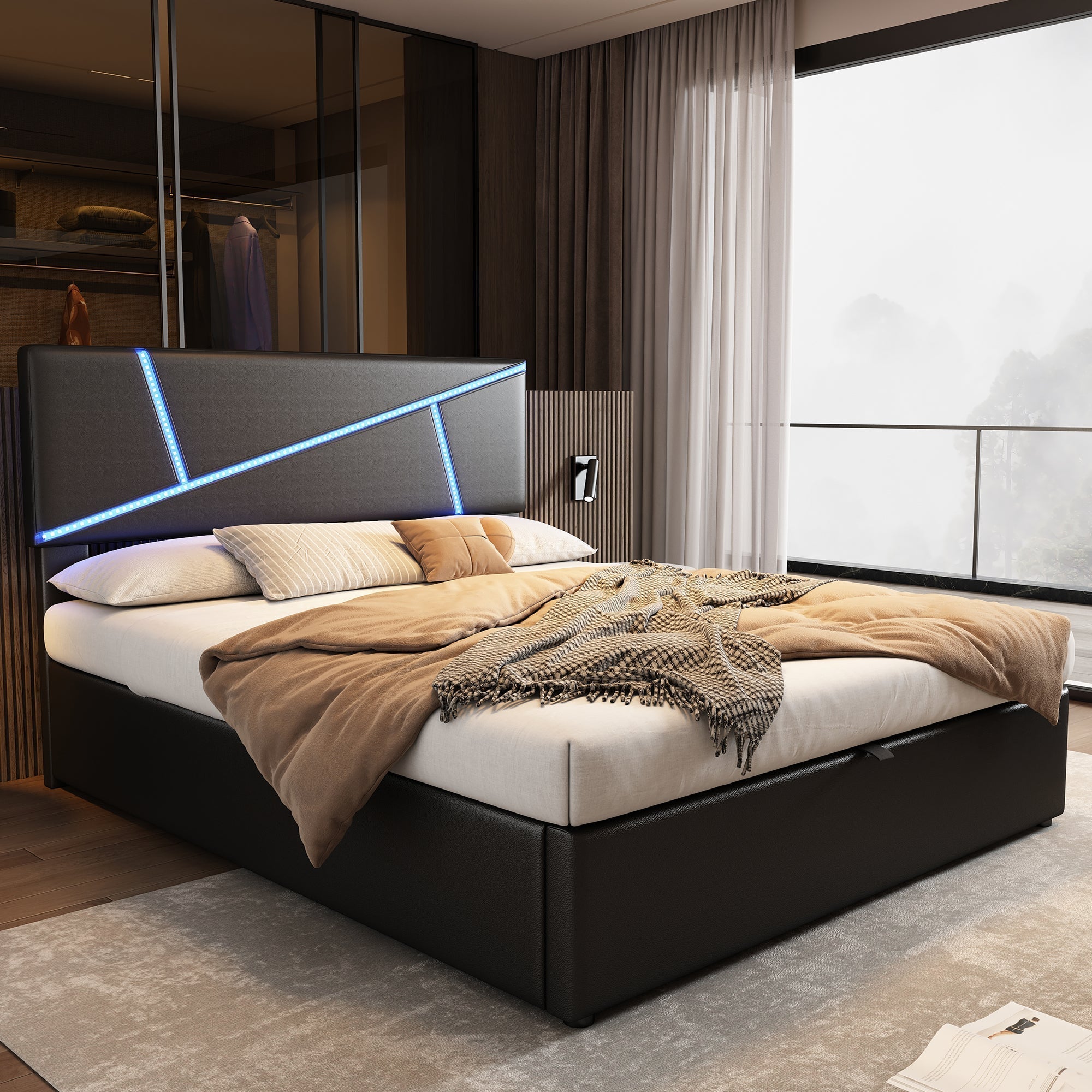 Upholstered Bed 140x200cm Double Hydraulic LED - Synthetic Leather Black