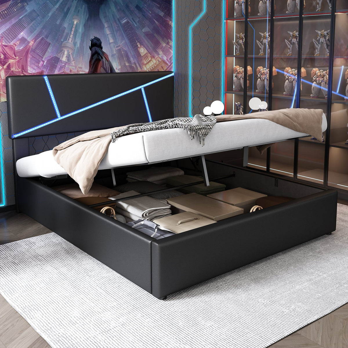 Upholstered Bed 140x200cm Double Hydraulic LED - Synthetic Leather Black