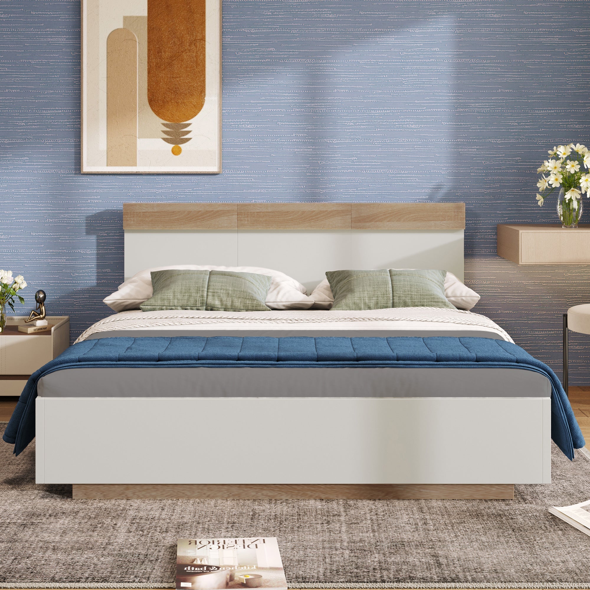 Double Wooden Bed, Floating Bed with Headboard & Slatted Frame, Sonoma Oak/White