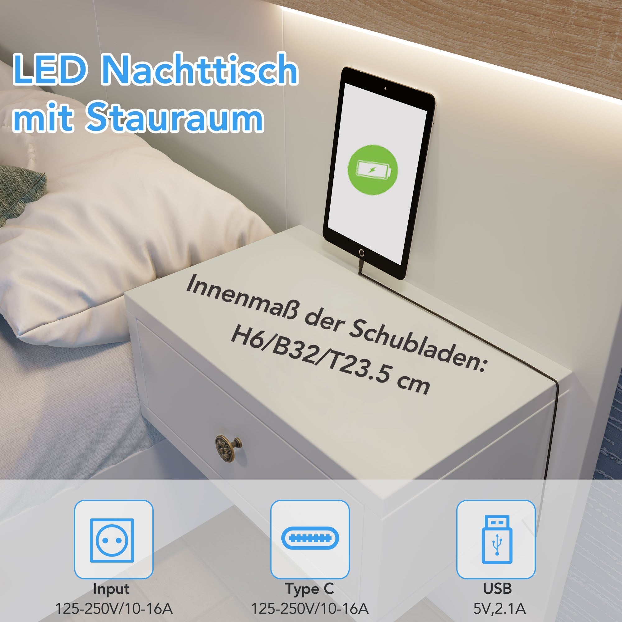 Double Bed Set 140x200cm, LED Bedside Tables, USB-C, Hydraulic Storage Bench, Sonoma Oak/White/Beige Corduroy