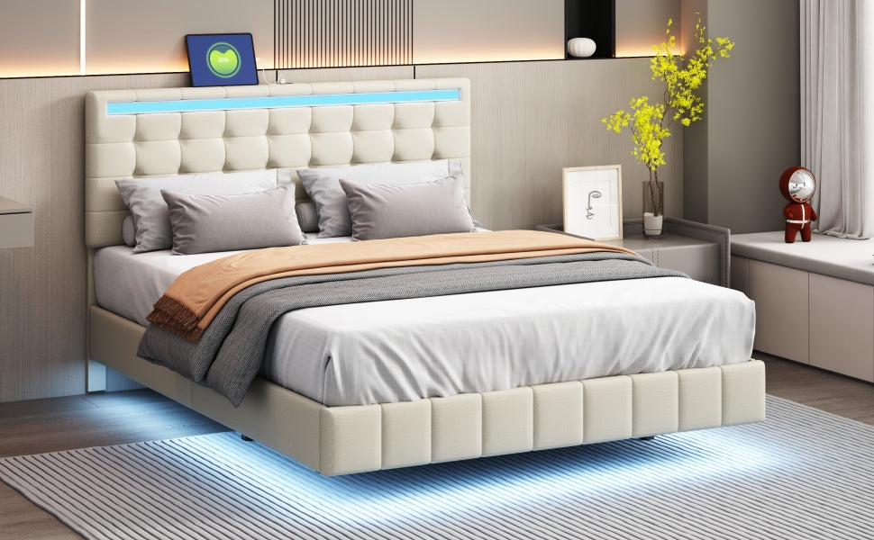 Upholstered Bed, 140x200cm Floating Frame with LED Lights & Headboard, Beige Linen