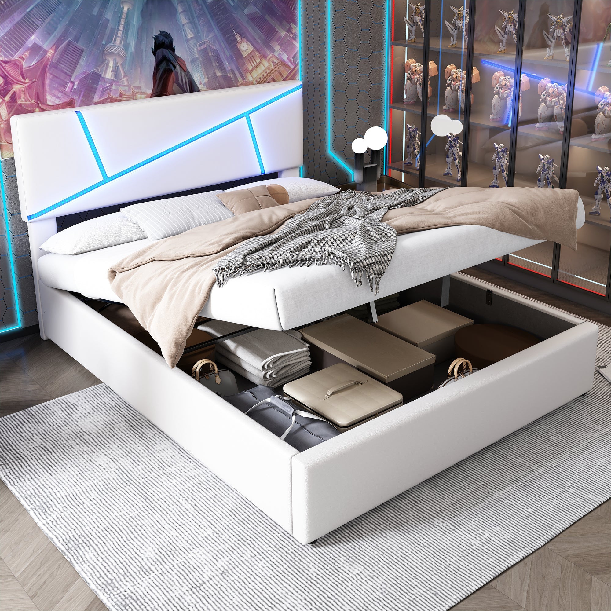 Upholstered Storage Bed with LED Lights and Hydraulic Lift, 160x200cm, White Synthetic Leather