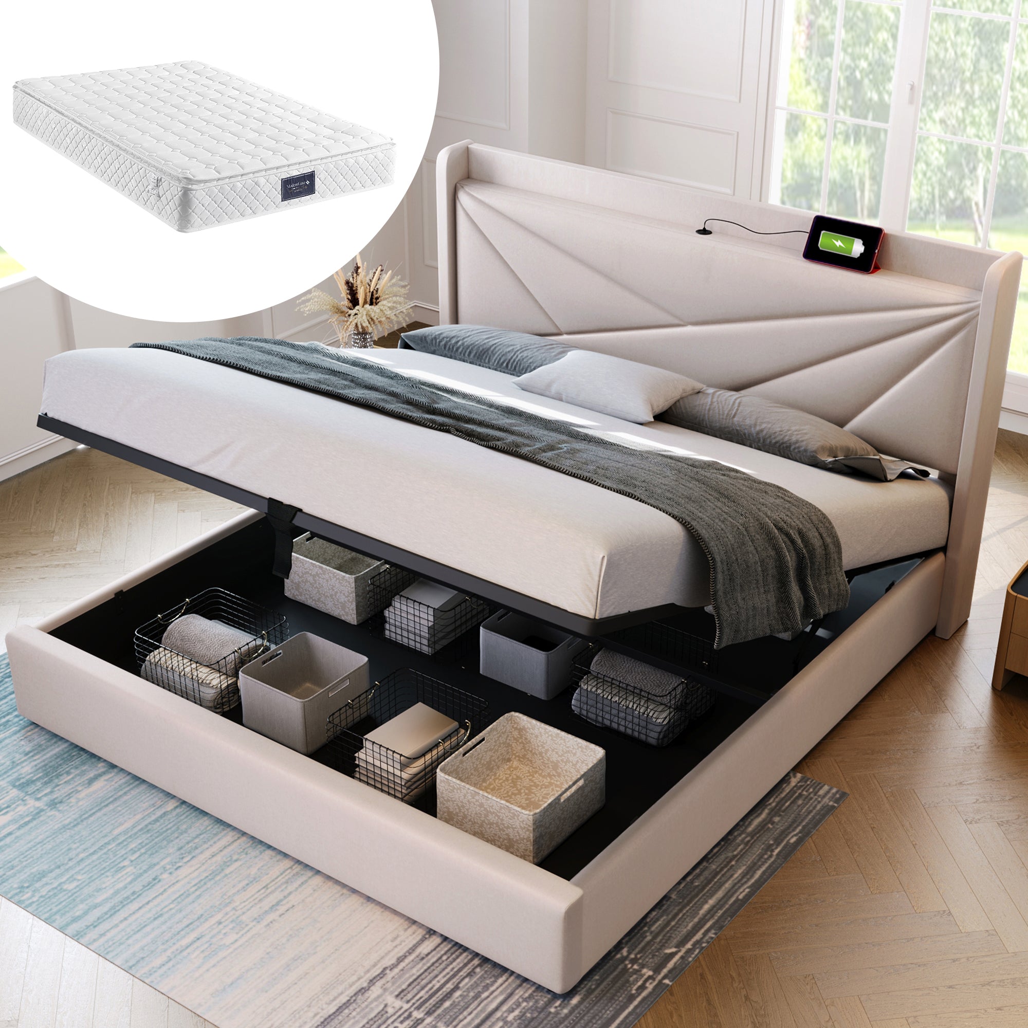Upholstered Double Bed, Storage with USB Type C Headboard, Linen