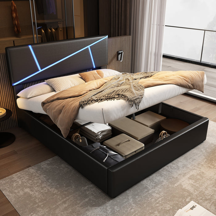 Upholstered Double Bed with LED, Slatted Frame and Hydraulic Lift, 140x200cm, Black Synthetic Leather