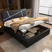 Upholstered Bed with LED Lights, Hydraulic Storage and Slatted Frame, 90x200cm, Black Synthetic Leather