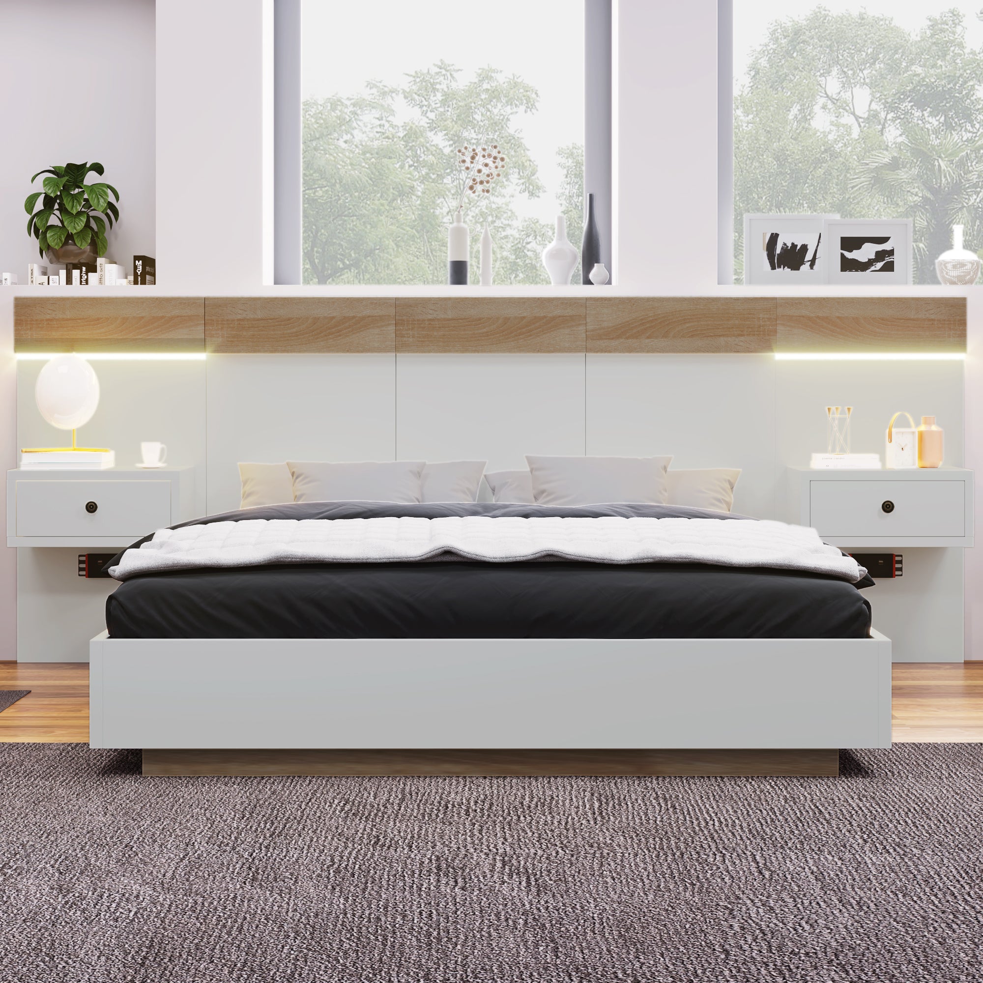 Double Bed Set with 2 LED Nightstands & USB C Socket, 180 x 200 cm, Sonoma Oak/White Wood