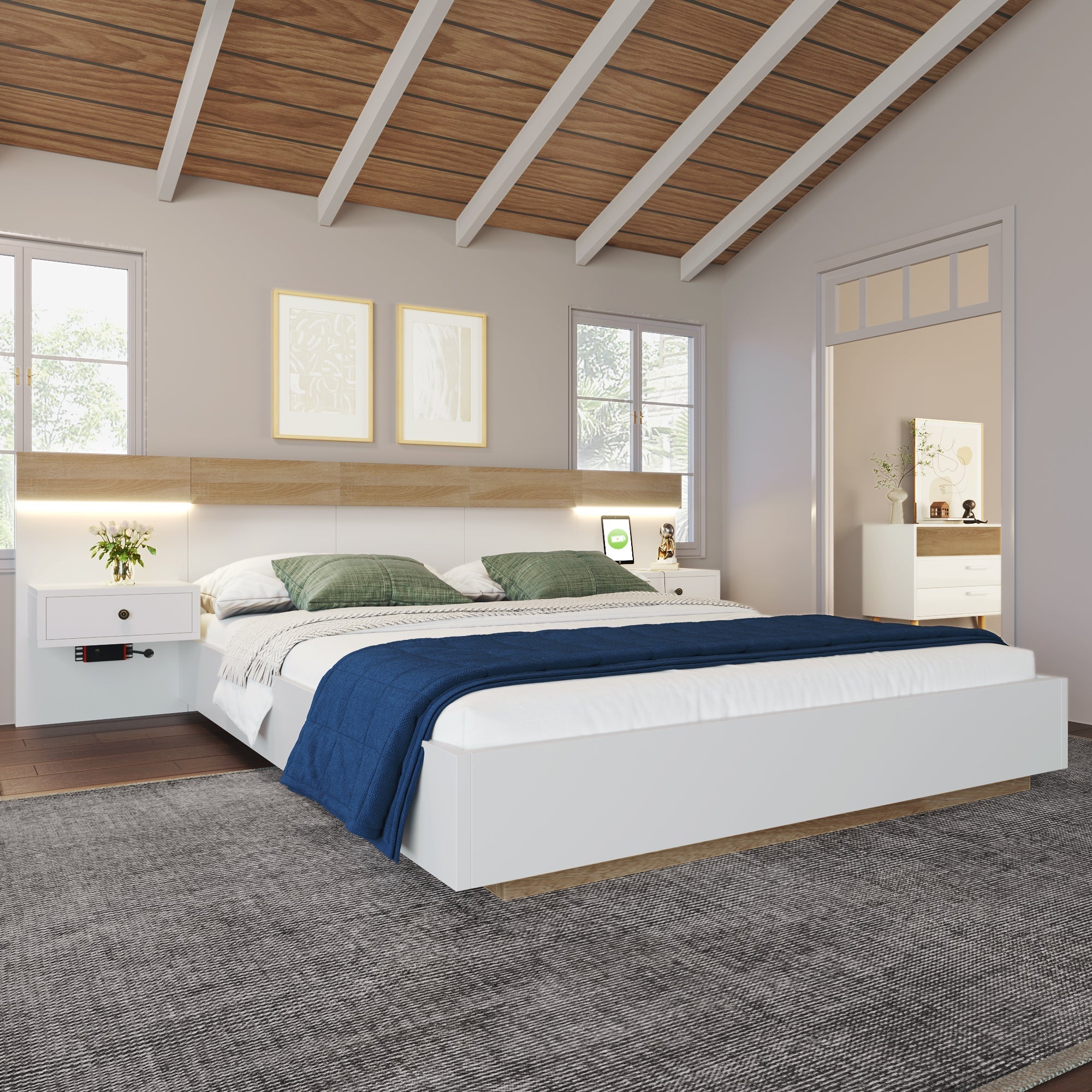 Double Bed Set with 2 LED Nightstands & USB C Socket, 140x200cm Wooden, Sonoma Oak/White