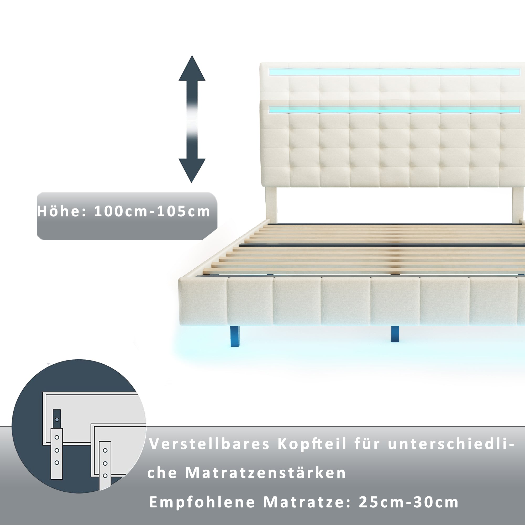 Upholstered Bed, 140x200cm Floating Frame with LED Lights & Headboard, Beige Linen