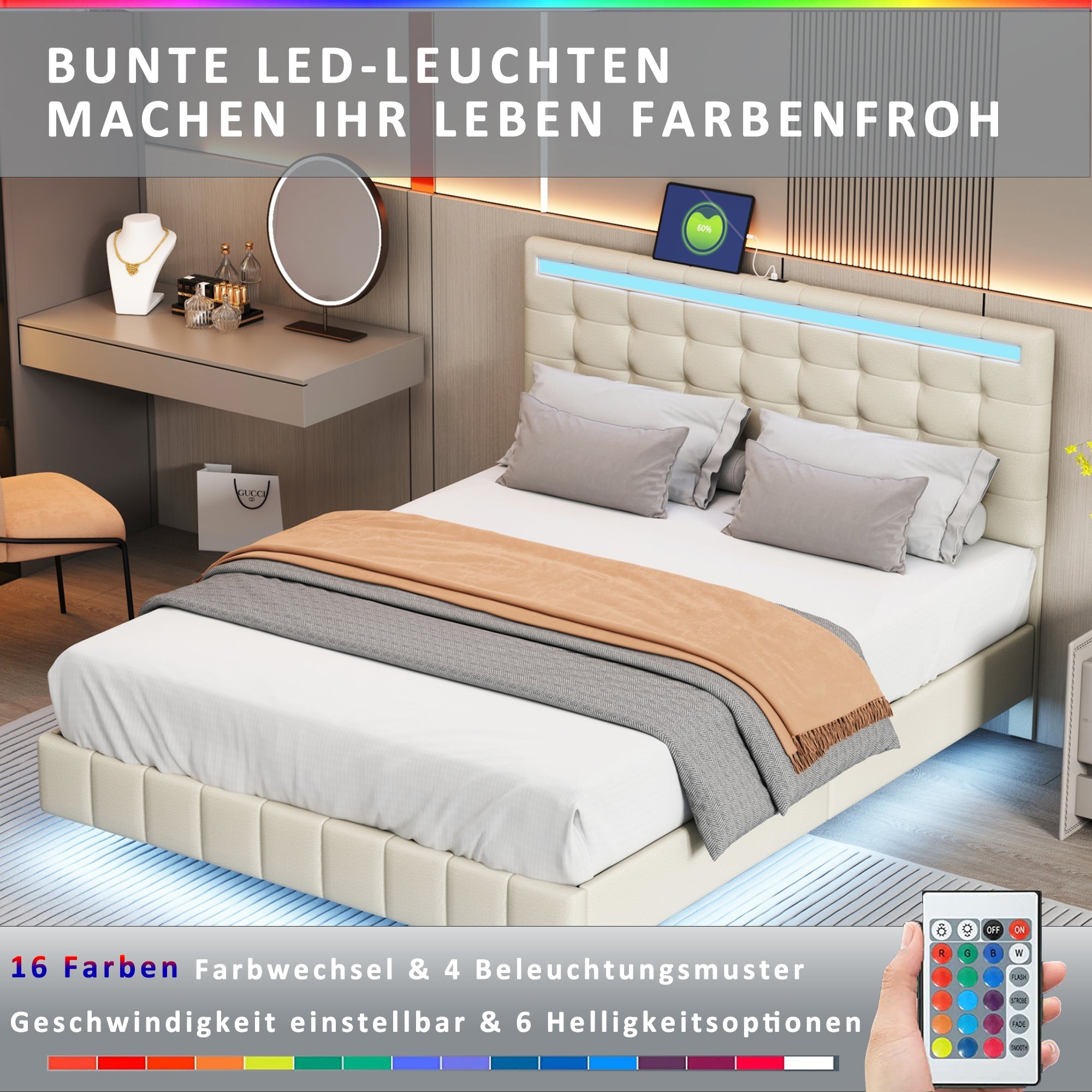 Upholstered Bed, 140x200cm Floating Frame with LED Lights & Headboard, Beige Linen