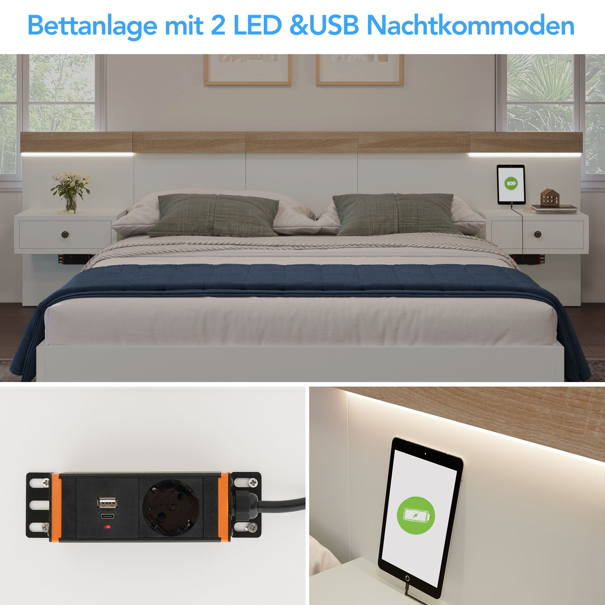 Double Bed Set with 2 LED Nightstands & USB C Socket, 180 x 200 cm, Sonoma Oak/White Wood