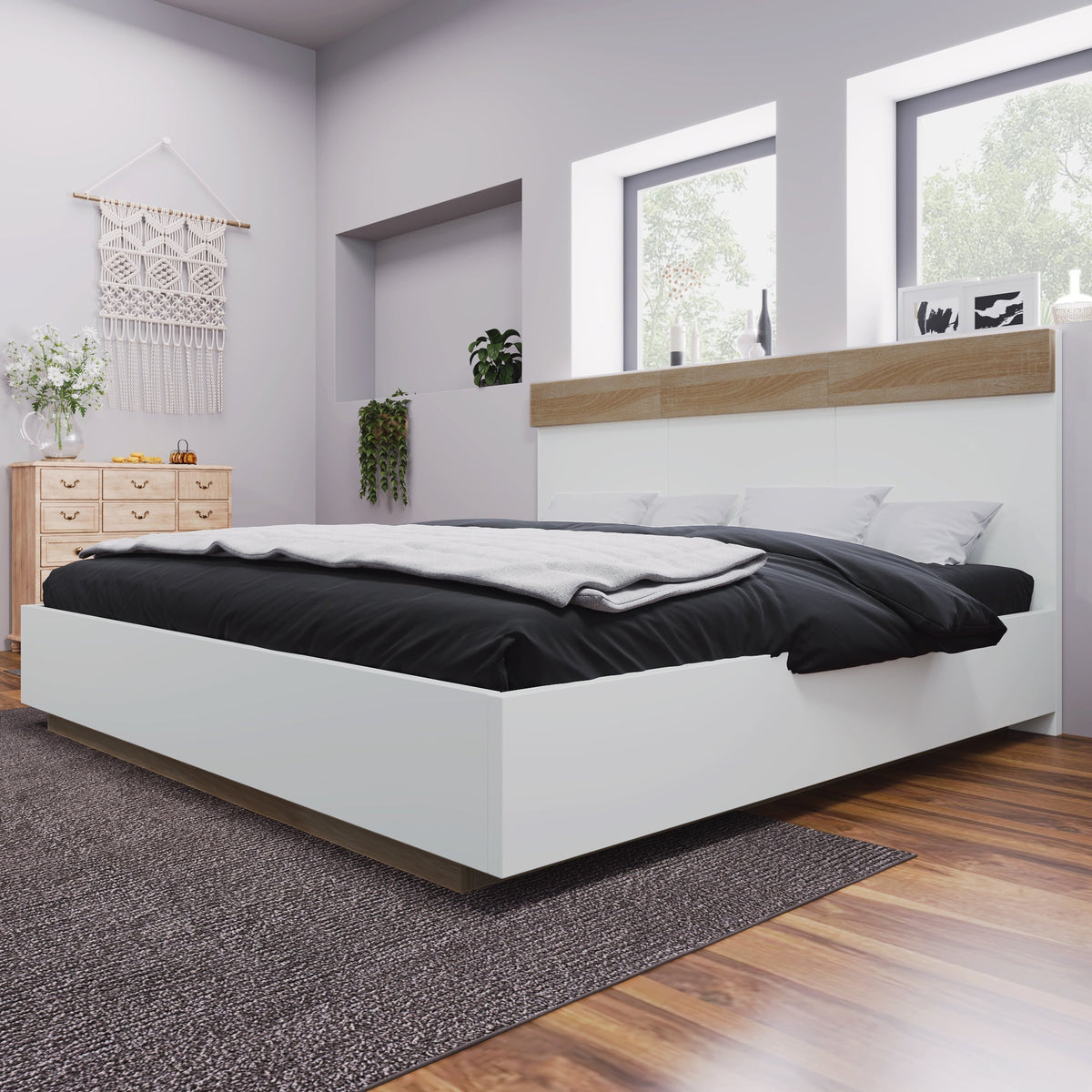 Double Wooden Bed, Floating Headboard Slatted Base 205x184x90.5cm, Sonoma Oak/White