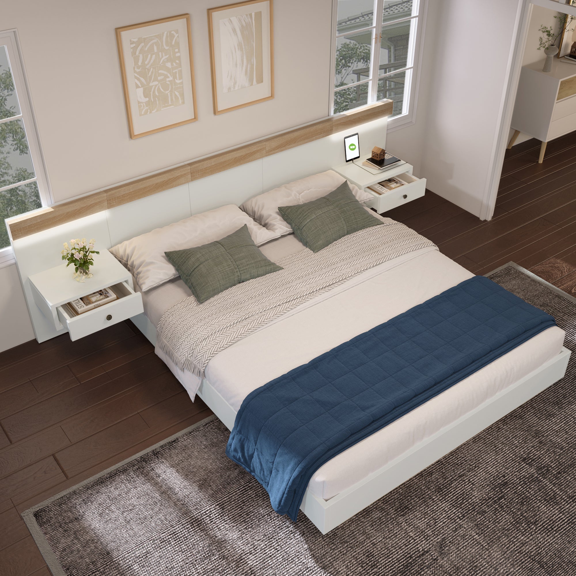 Double Bed Set with 2 LED Nightstands & USB C Socket, 180 x 200 cm, Sonoma Oak/White Wood