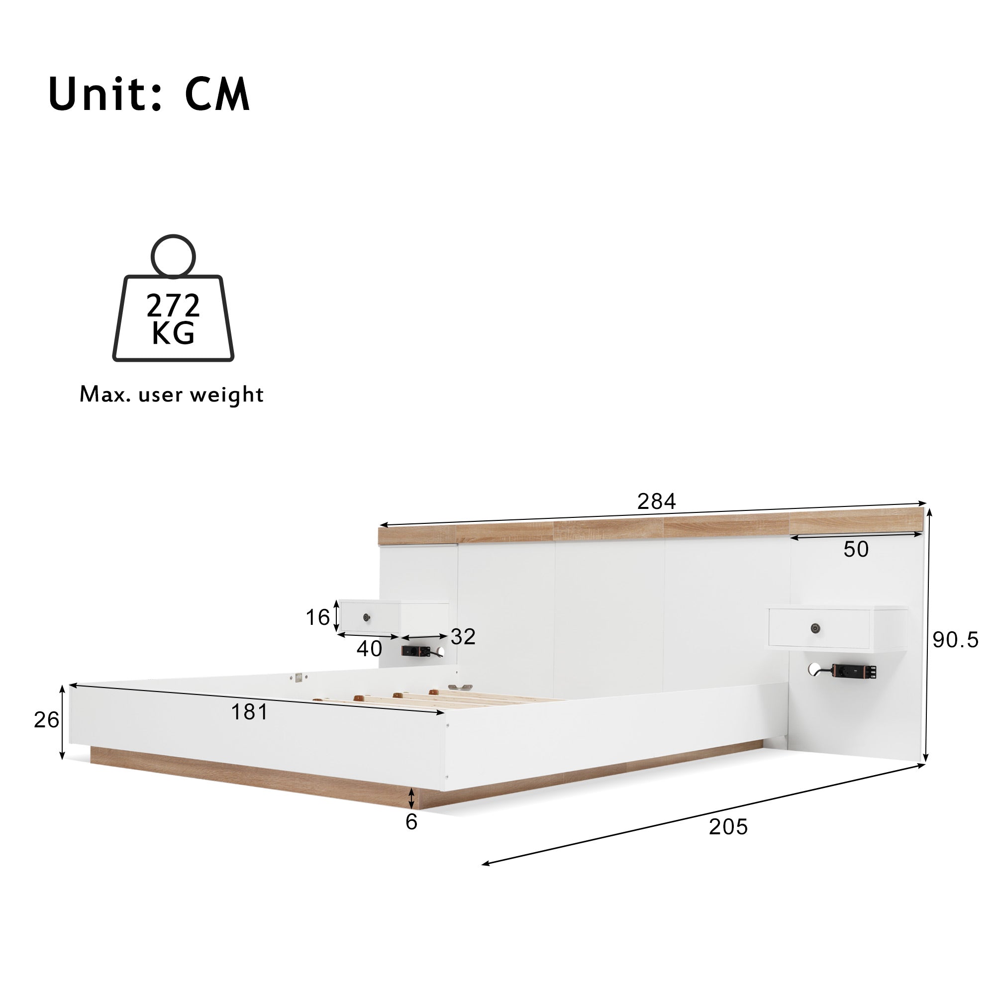 Double Bed Set with 2 LED Nightstands & USB C Socket, 180 x 200 cm, Sonoma Oak/White Wood