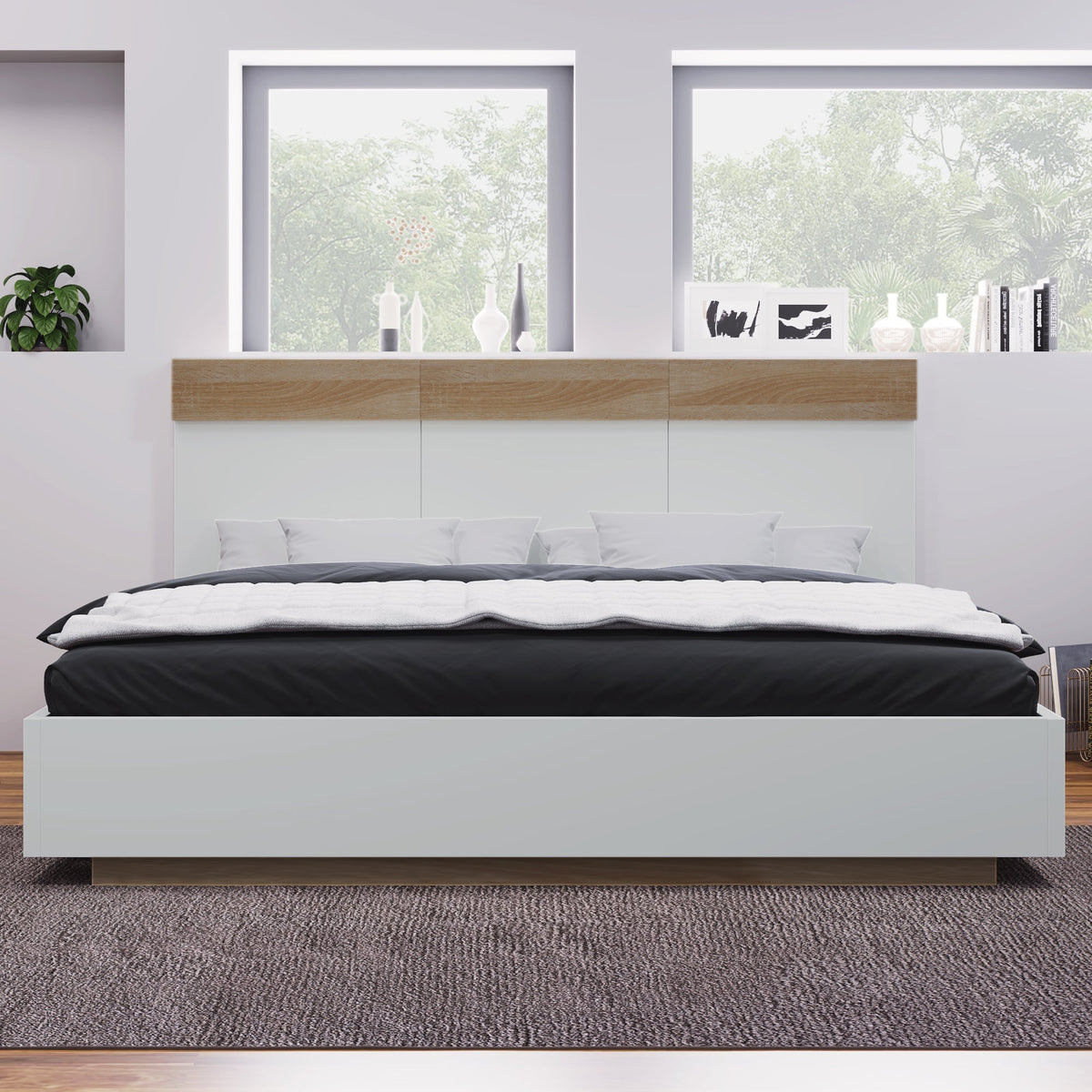Double Wooden Bed, Floating Headboard Slatted Base 205x184x90.5cm, Sonoma Oak/White